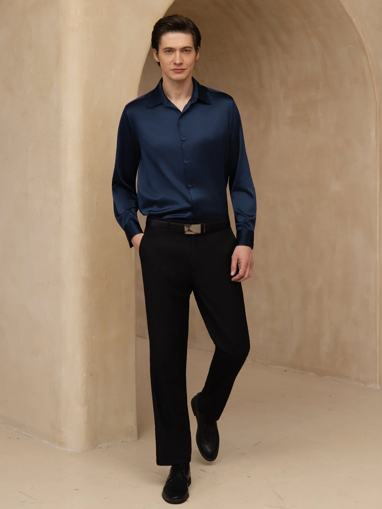 19Momme Silk Men's Long Sleeve Lapel Collar Classic Business Shirt - Image 23
