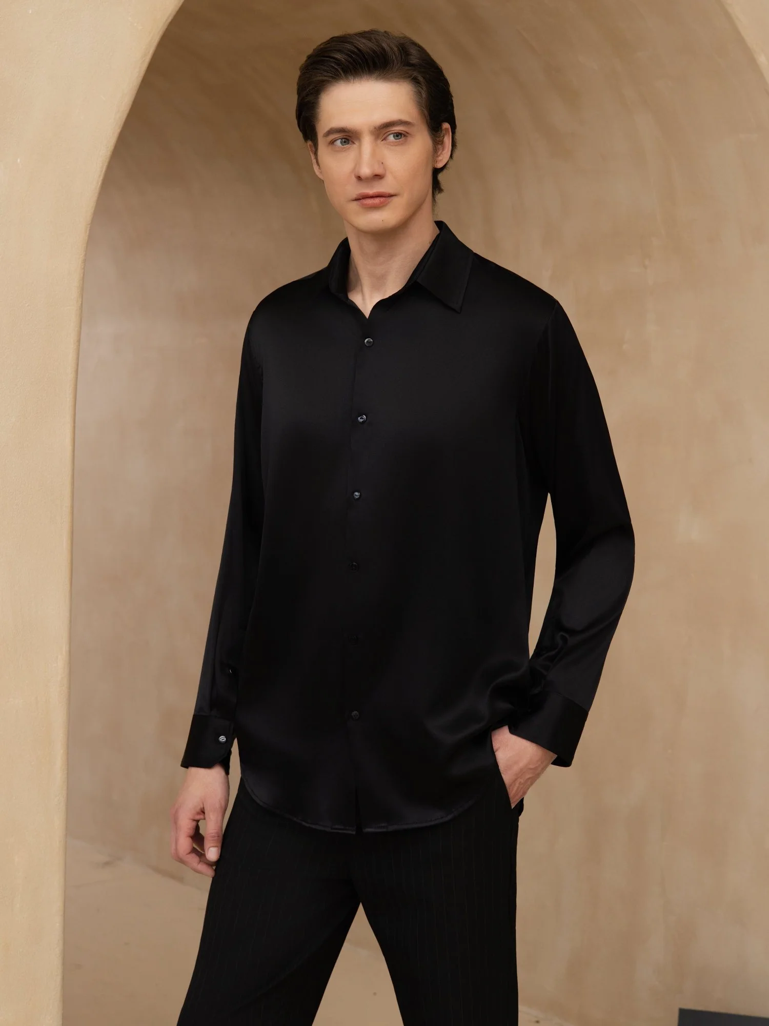 19Momme Silk Men's Long Sleeve Lapel Collar Classic Business Shirt - Image 9
