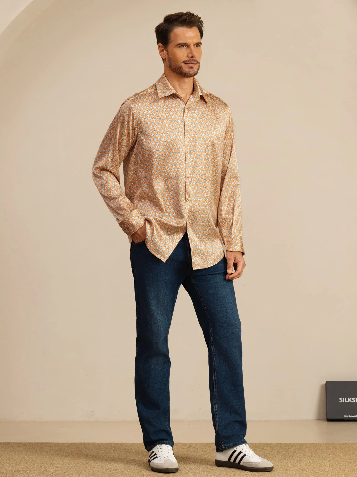 Clearance - 19Momme Silk Men's Long Sleeve Lapel Collar Floral Print Shirt - Image 8