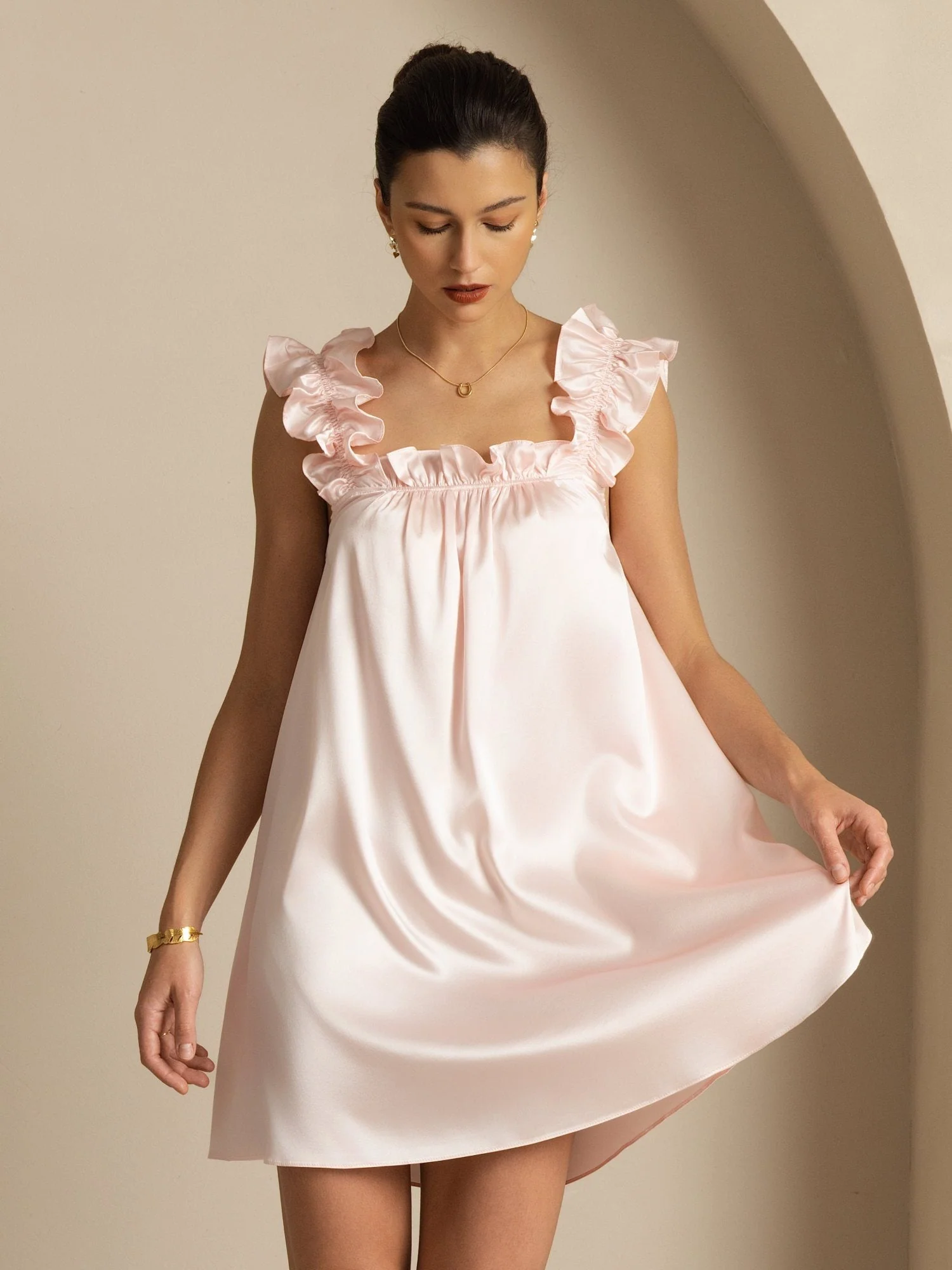 19Momme Silk Ruffle Strap Square Neck Babydoll A-Line Short Nightgown - Image 5