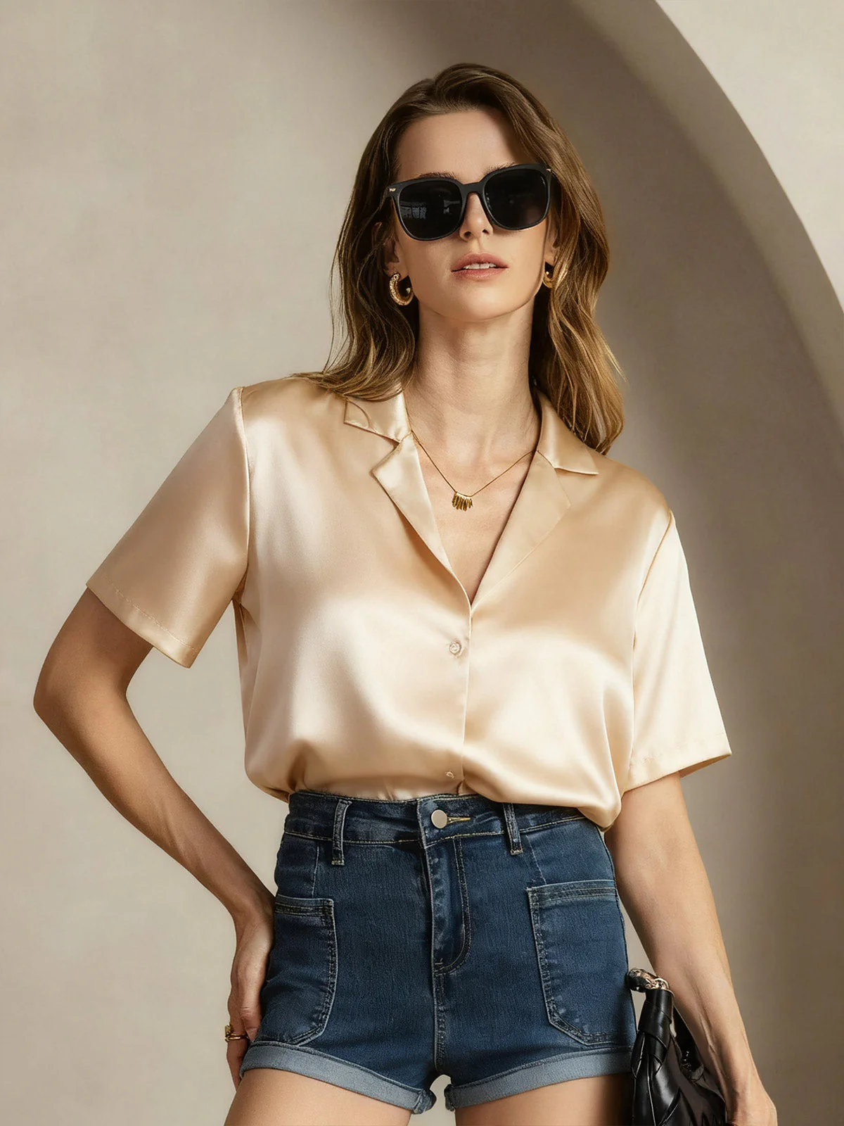19Momme Silk Short Sleeve Notched Lapel Women's Shirt with Button Up Design - Image 12