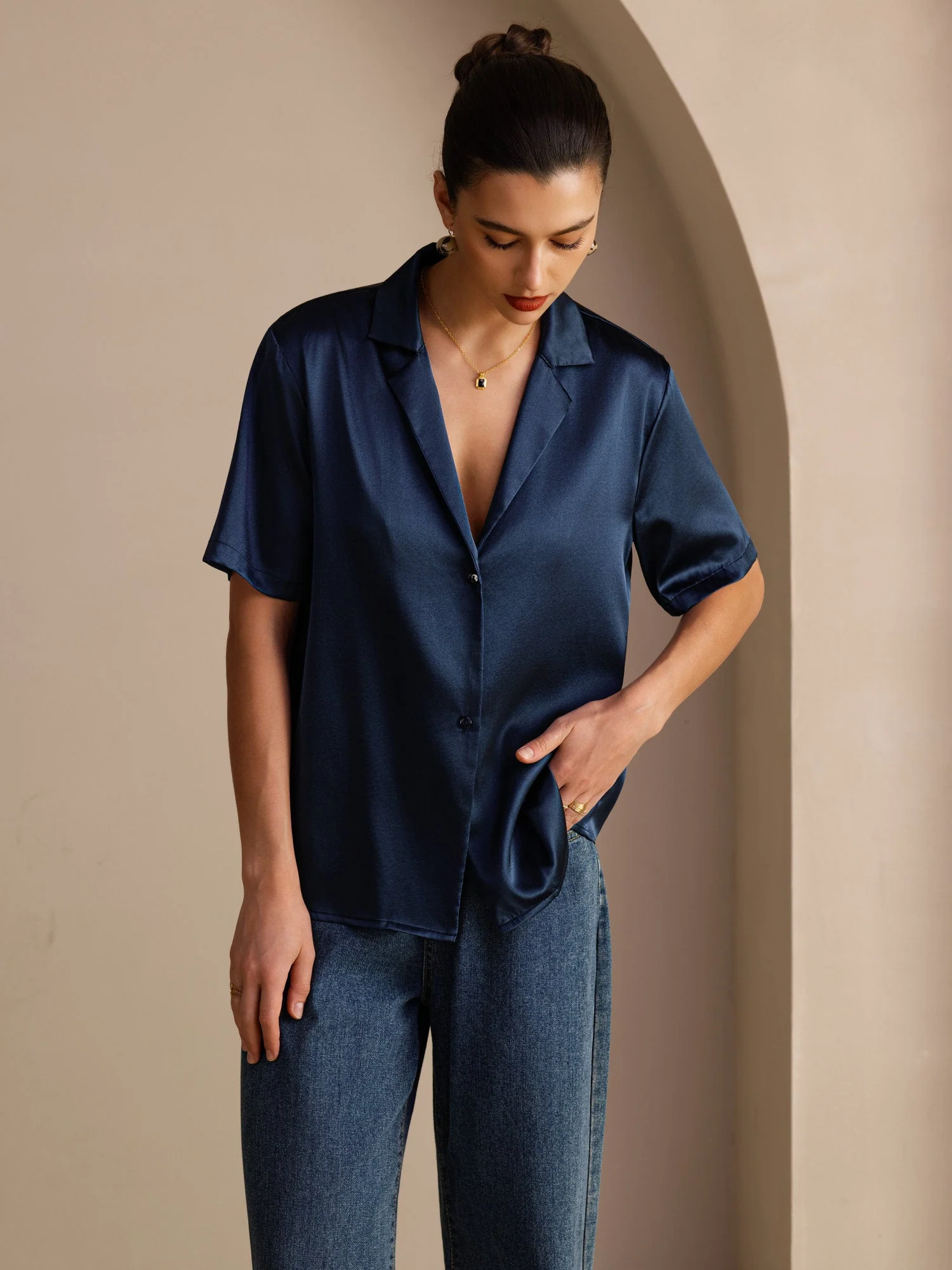 19Momme Silk Short Sleeve Notched Lapel Women's Shirt with Button Up Design - Image 19