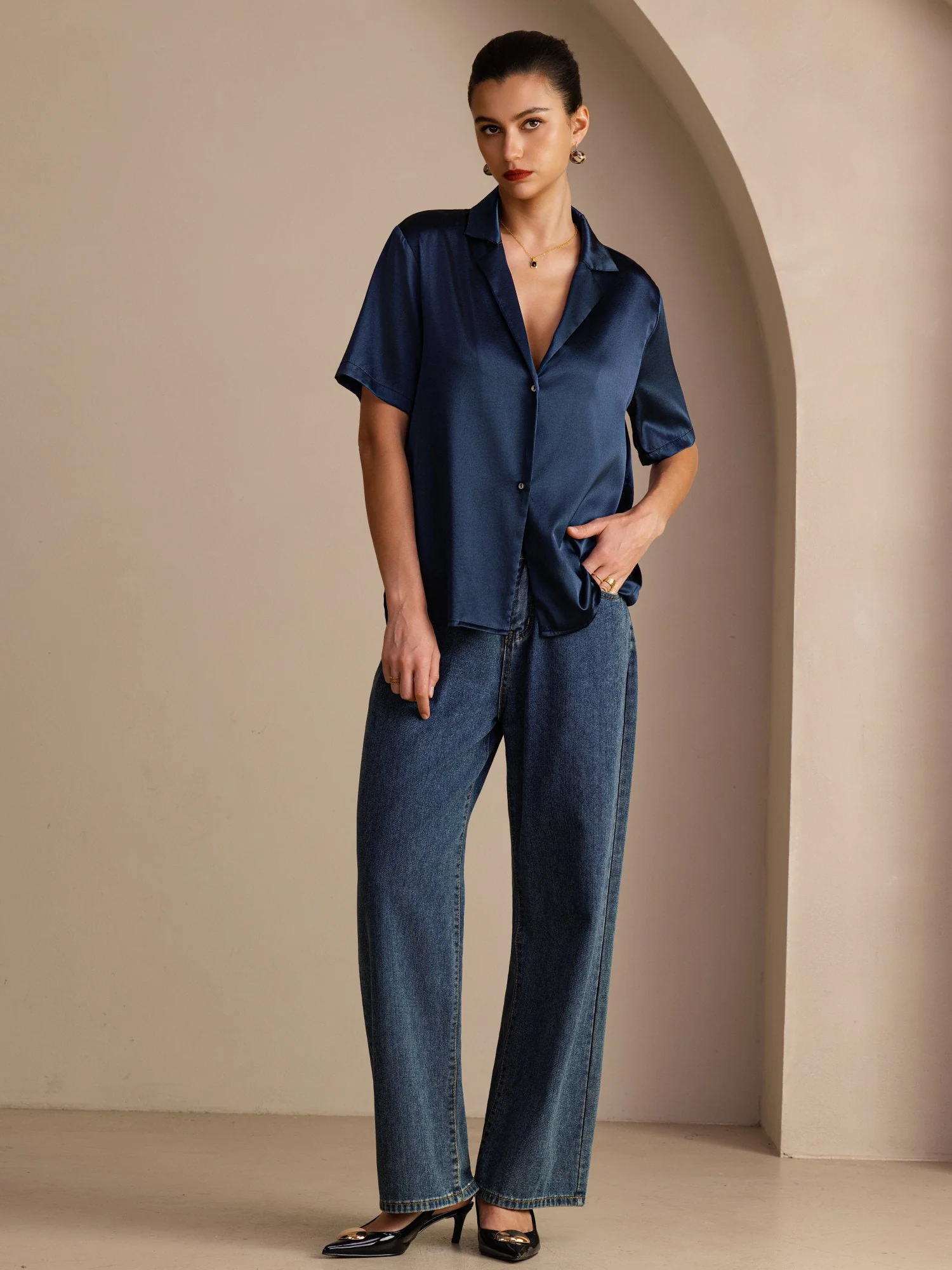 19Momme Silk Short Sleeve Notched Lapel Women's Shirt with Button Up Design - Image 21