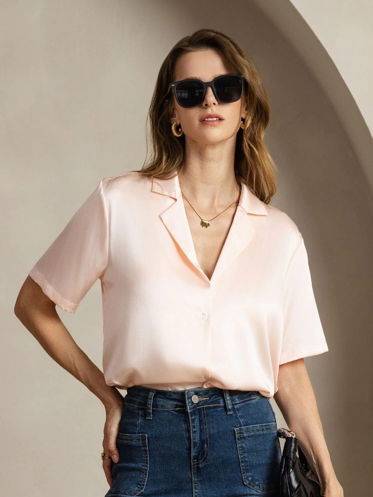 19Momme Silk Short Sleeve Notched Lapel Women's Shirt with Button Up Design - Image 22