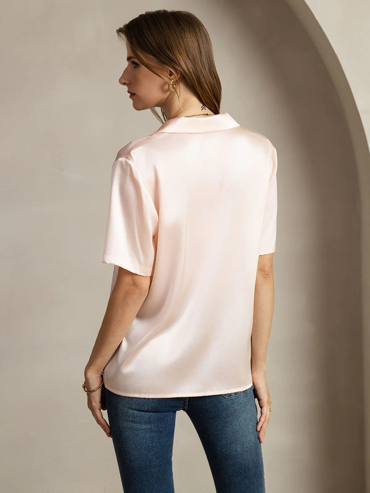 19Momme Silk Short Sleeve Notched Lapel Women's Shirt with Button Up Design - Image 23
