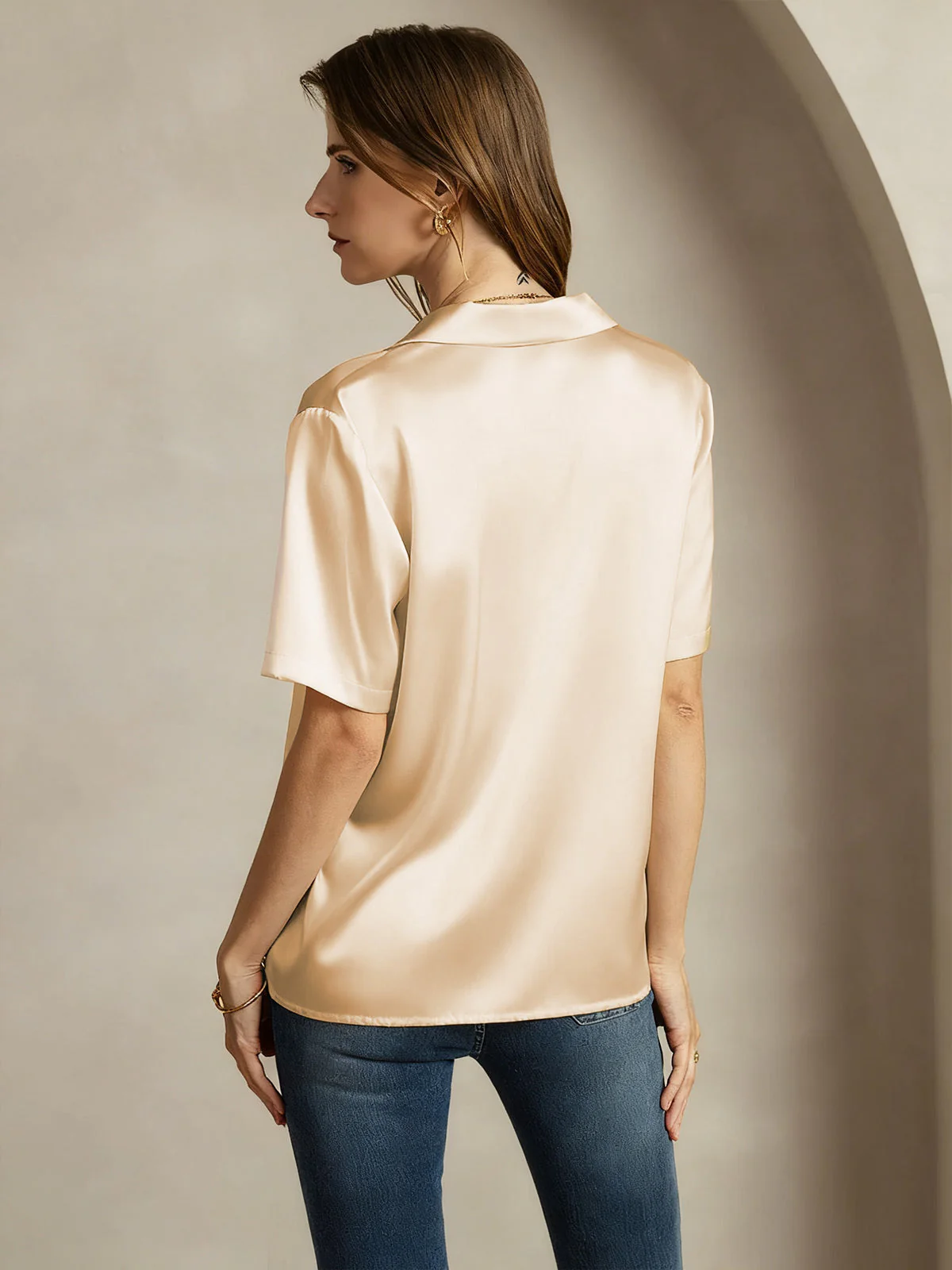 19Momme Silk Short Sleeve Notched Lapel Women's Shirt with Button Up Design - Image 9