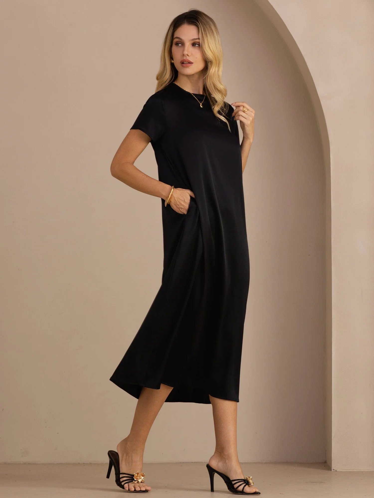 19Momme Silk Short Sleeve Crew Neck  Midi Dress With Side Pockets - Image 14