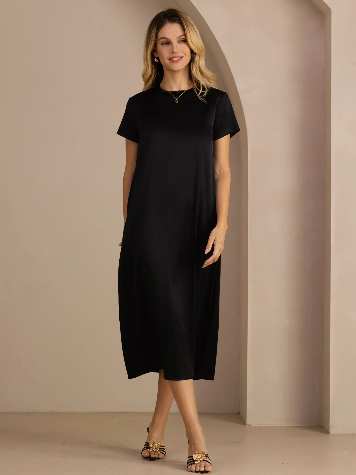 19Momme Silk Short Sleeve Crew Neck  Midi Dress With Side Pockets - Image 20