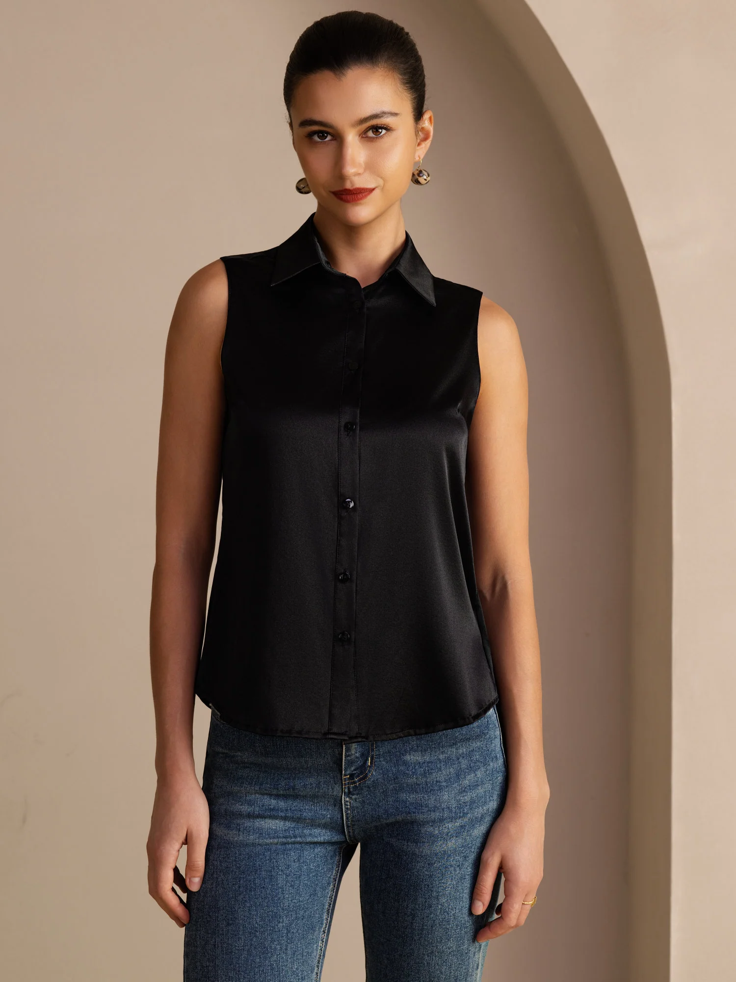 19Momme Silk Sleeveless Lapel Collar Women's Shirt with Button Up Design - Image 3