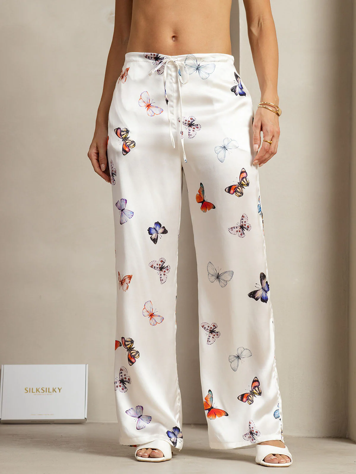 19Momme Silk Butterfly Print Wide Leg Women's Pants With Side Pockets Design