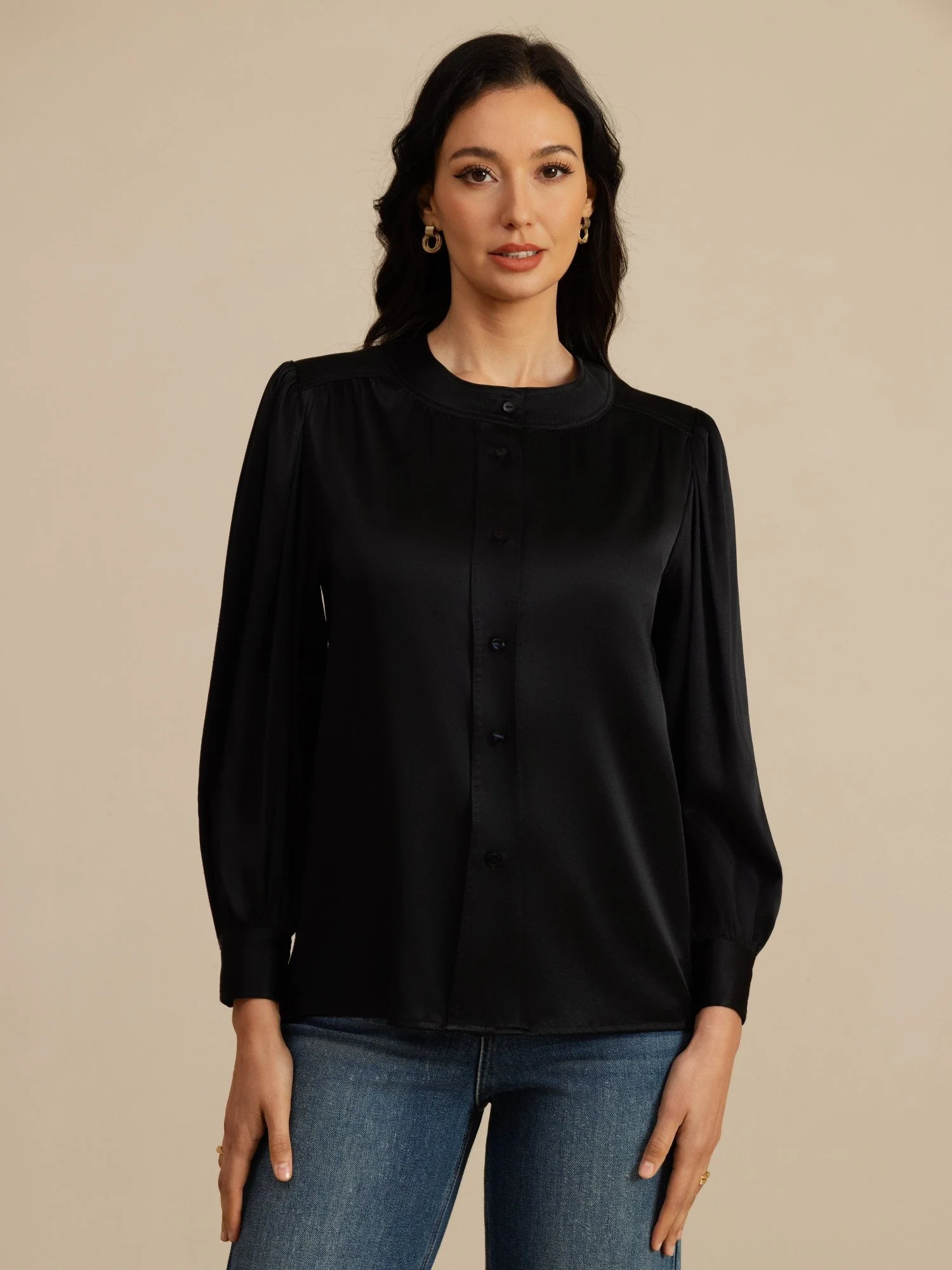Clearance - 19Momme Silk Women's Round Neck Lantern Sleeve Blouse With Button Closure - Image 10
