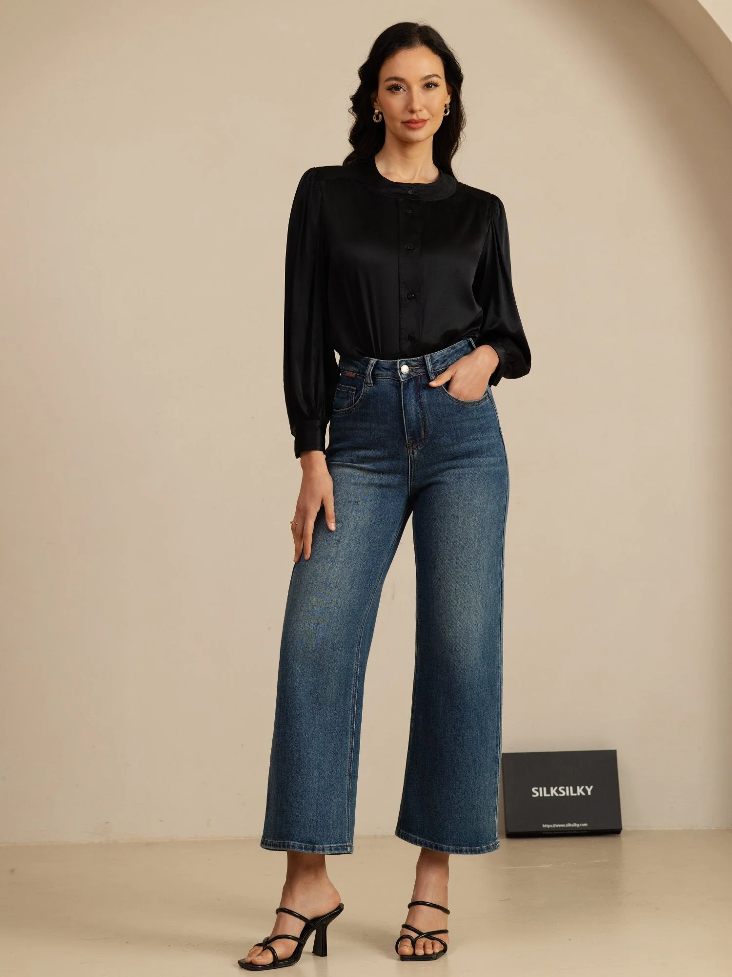 Clearance - 19Momme Silk Women's Round Neck Lantern Sleeve Blouse With Button Closure - Image 14