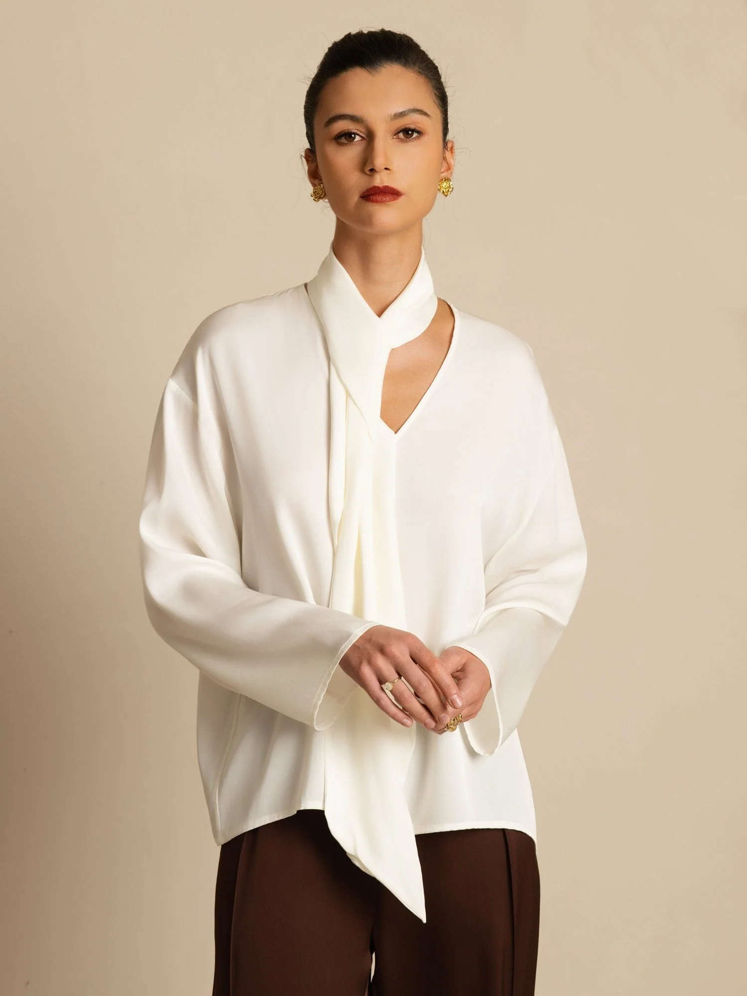 Clearance - 19Momme Silk Women's Asymmetrical Tie V Neck Blouse - Image 4