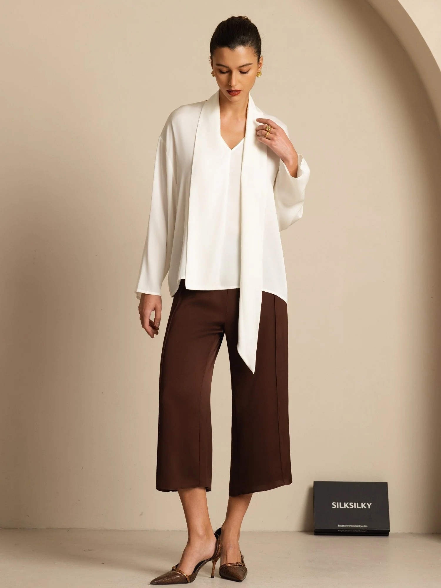 Clearance - 19Momme Silk Women's Asymmetrical Tie V Neck Blouse - Image 7