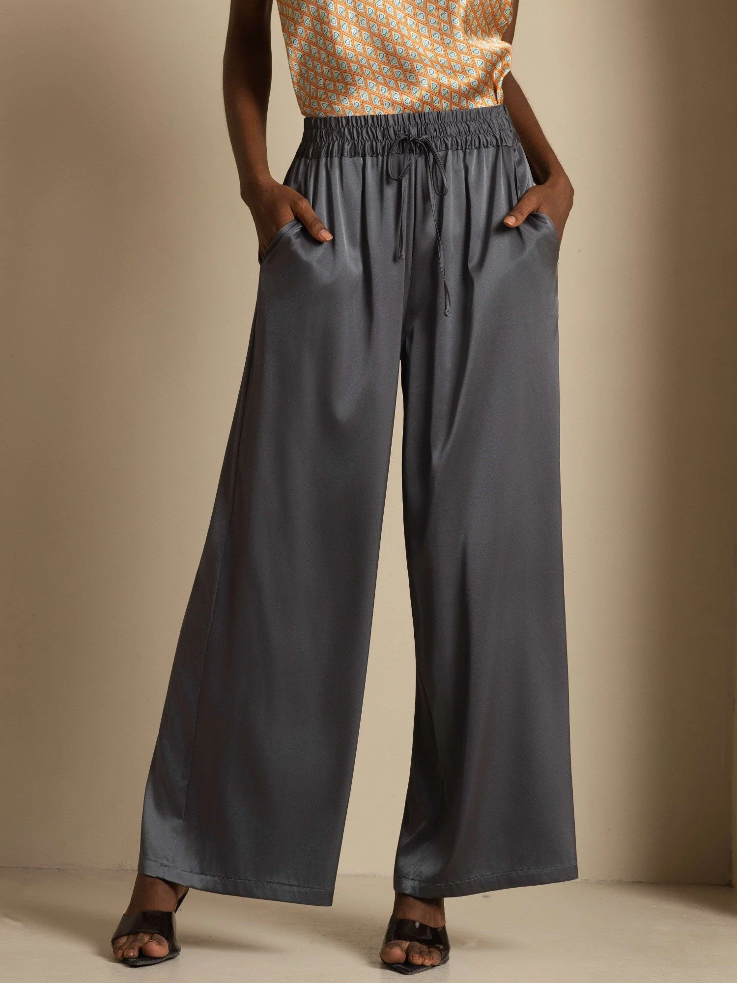 19Momme Silk Womenâs High-Waist Wide Leg Pants with Shirred Drawstring Waist