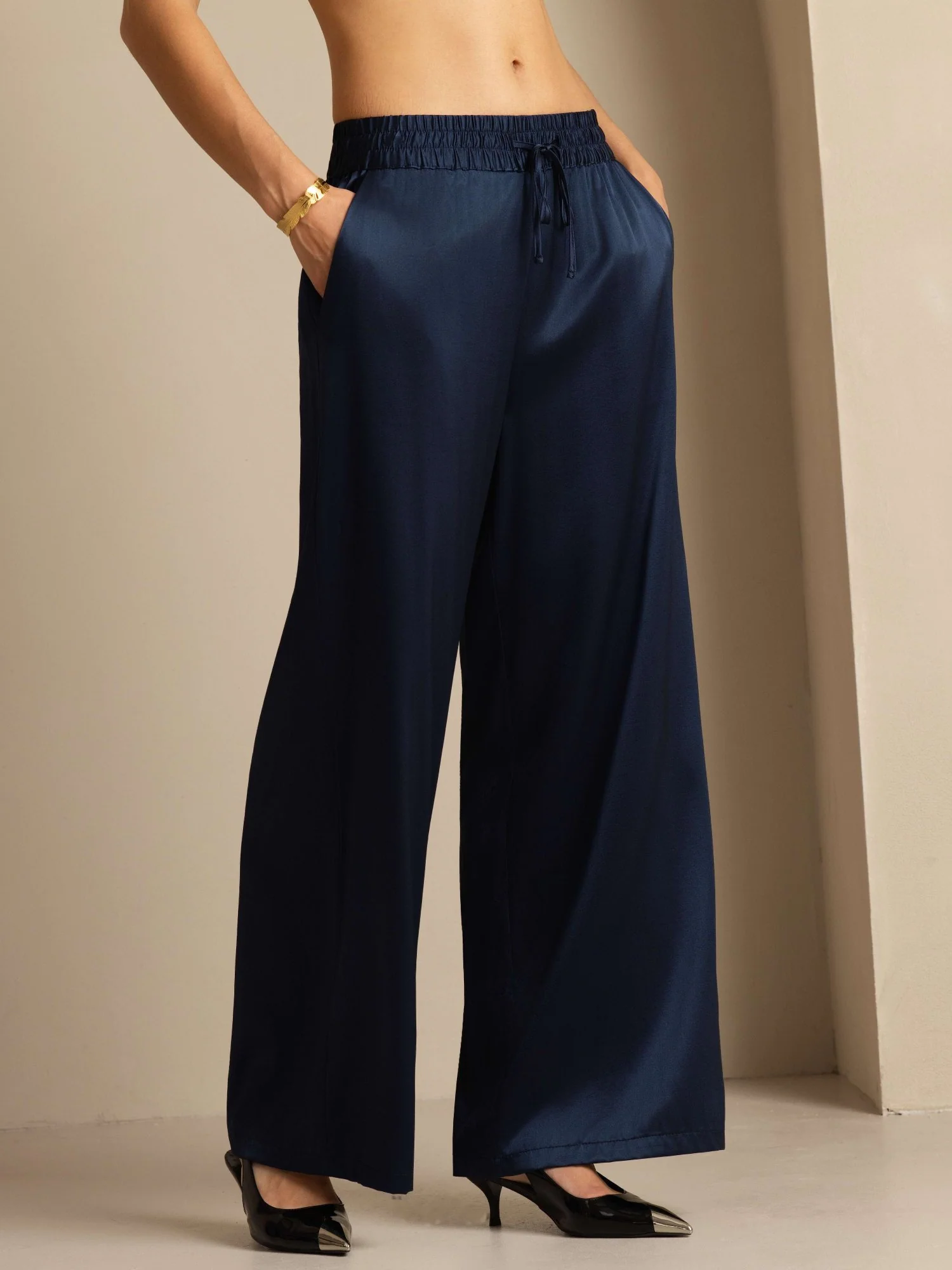 19Momme Silk Womenâs High-Waist Wide Leg Pants with Shirred Drawstring Waist - Image 18