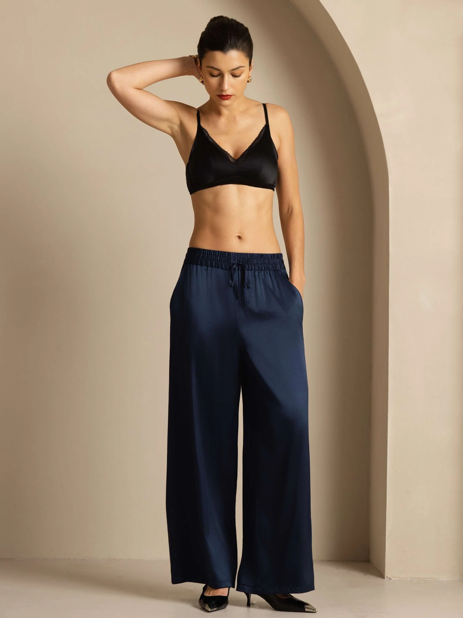 19Momme Silk Womenâs High-Waist Wide Leg Pants with Shirred Drawstring Waist - Image 21