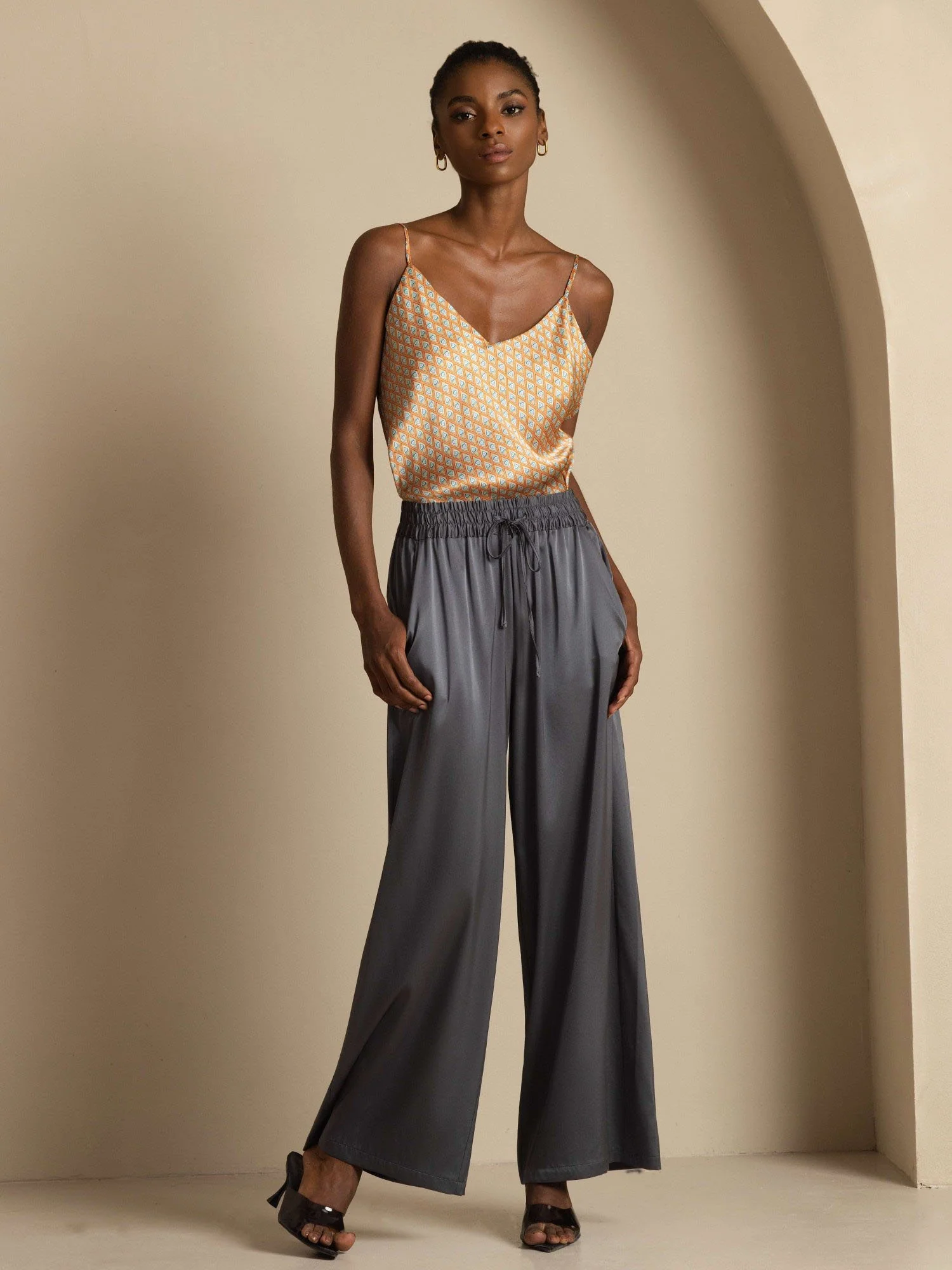 19Momme Silk Womenâs High-Waist Wide Leg Pants with Shirred Drawstring Waist - Image 6