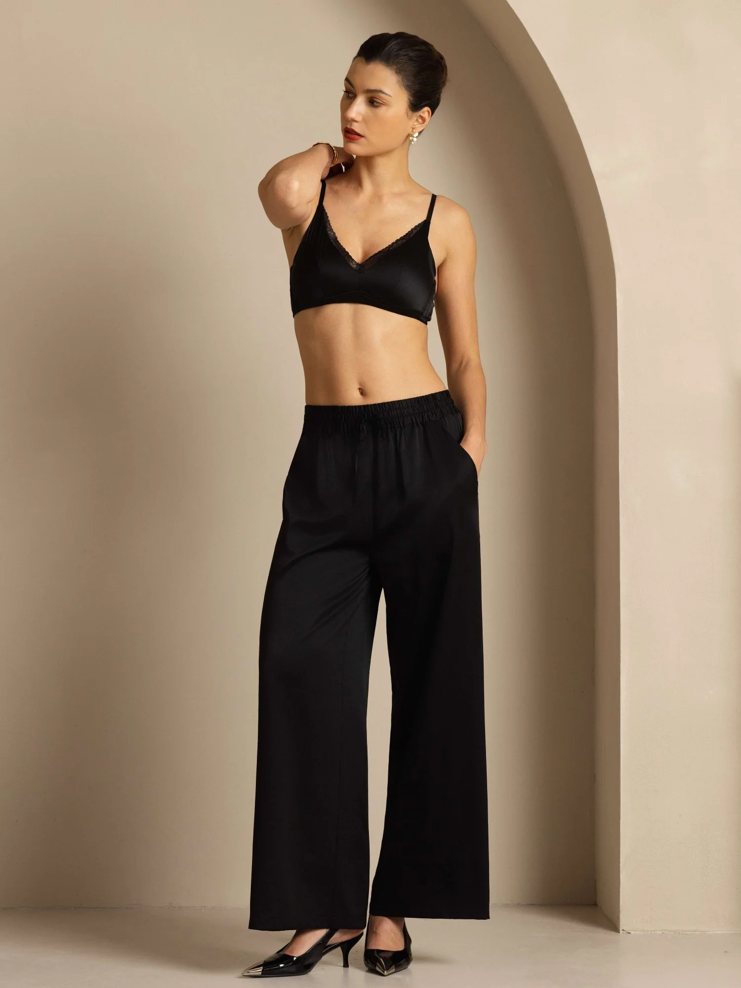 19Momme Silk Womenâs High-Waist Wide Leg Pants with Shirred Drawstring Waist - Image 8