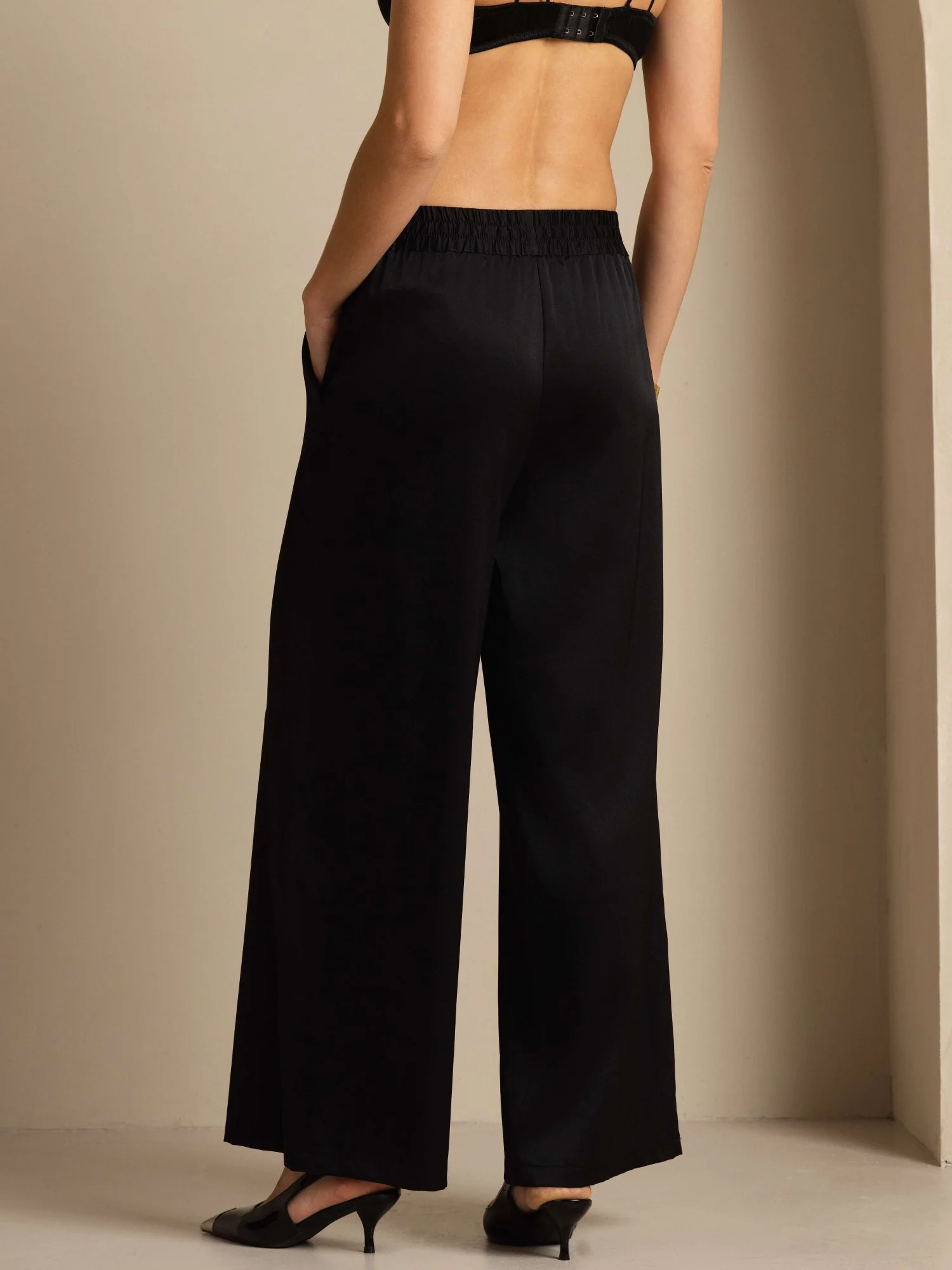 19Momme Silk Womenâs High-Waist Wide Leg Pants with Shirred Drawstring Waist - Image 9