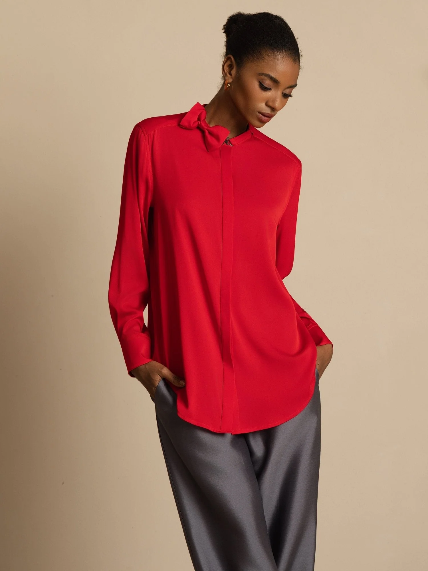 Clearance - 19Momme Silk Women's Long Sleeve Stand Collar Bow Blouse - Image 13