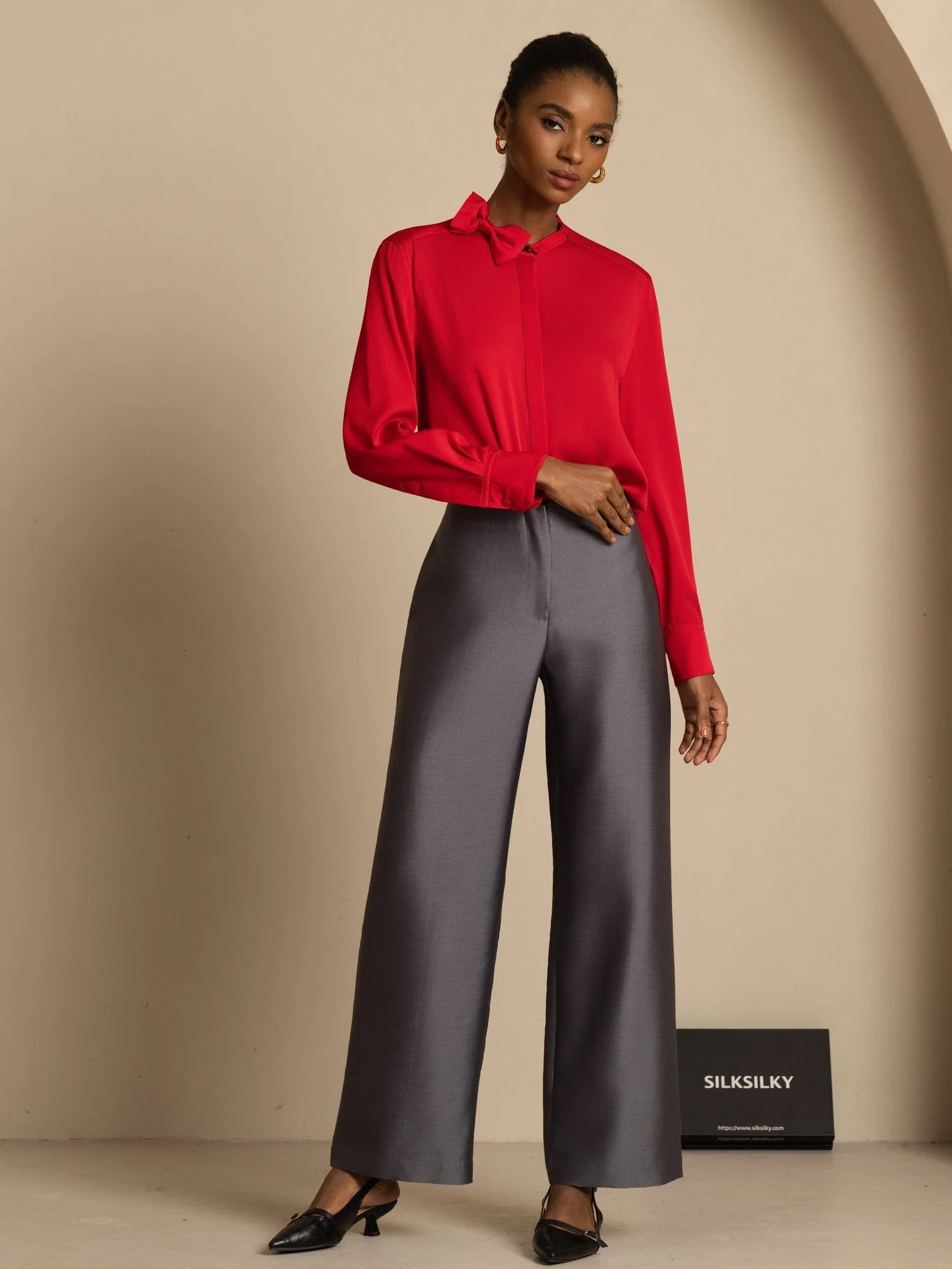 Clearance - 19Momme Silk Women's Long Sleeve Stand Collar Bow Blouse - Image 16