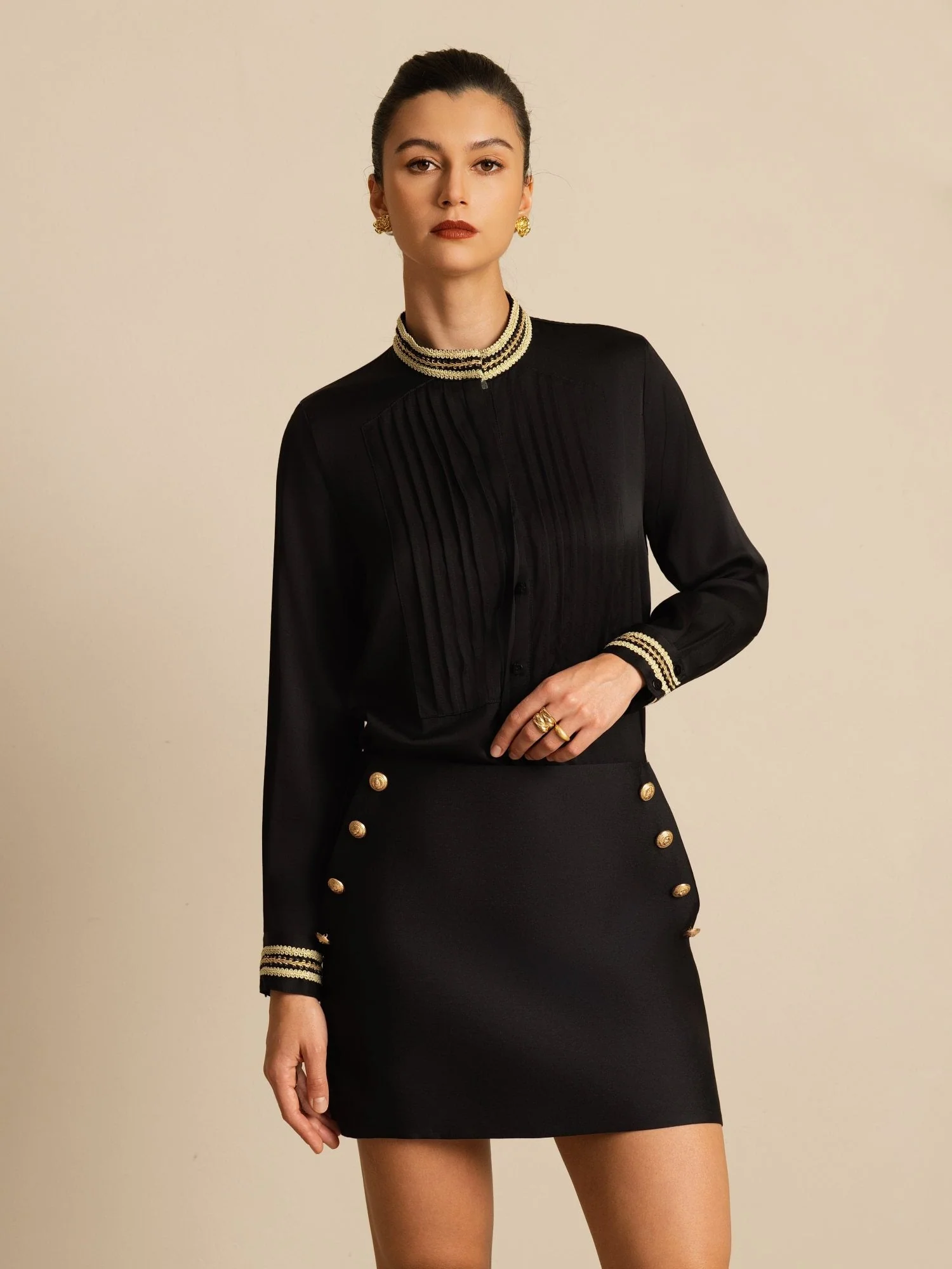Clearance - 19Momme Silk Women's Pleated Stand Collar Blouse - Image 3
