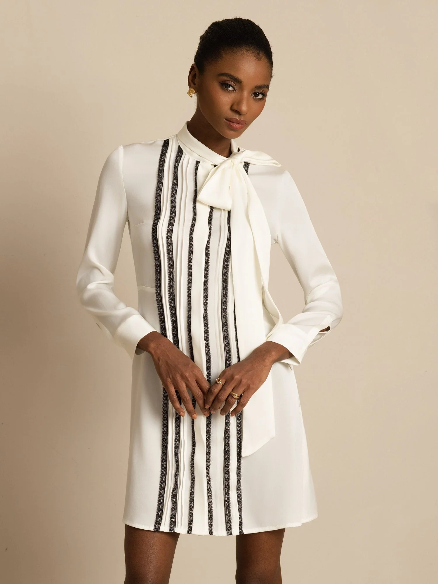 Clearance - 19Momme Silk Women's Tie-Neck Short Shirt Dress with Vertical Pleated - Image 3