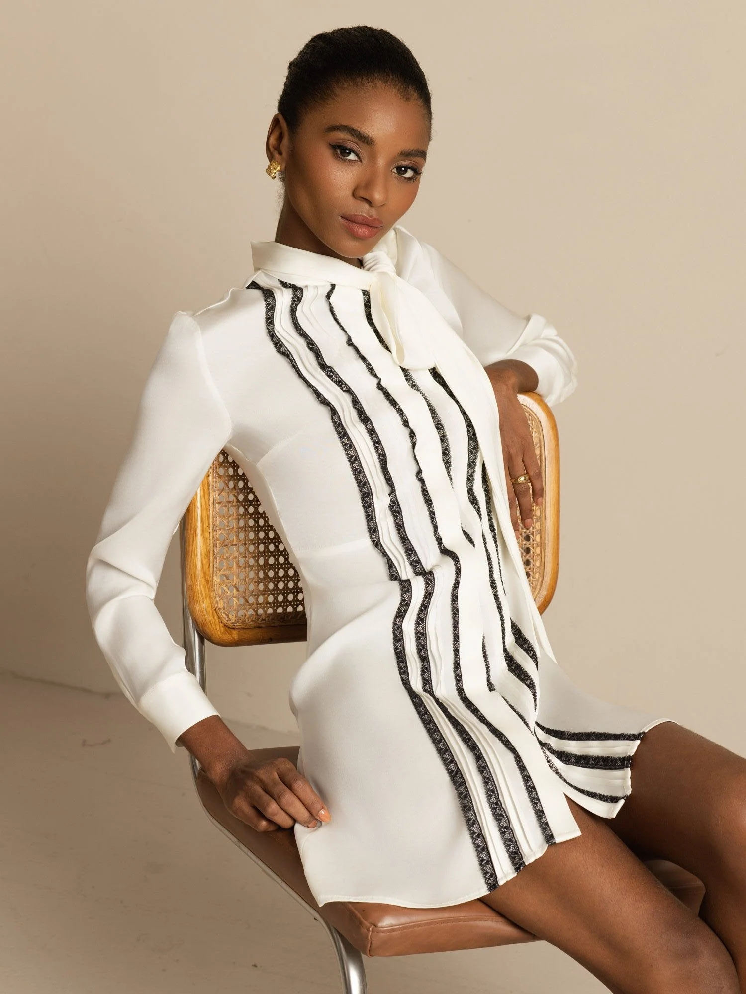 Clearance - 19Momme Silk Women's Tie-Neck Short Shirt Dress with Vertical Pleated - Image 5