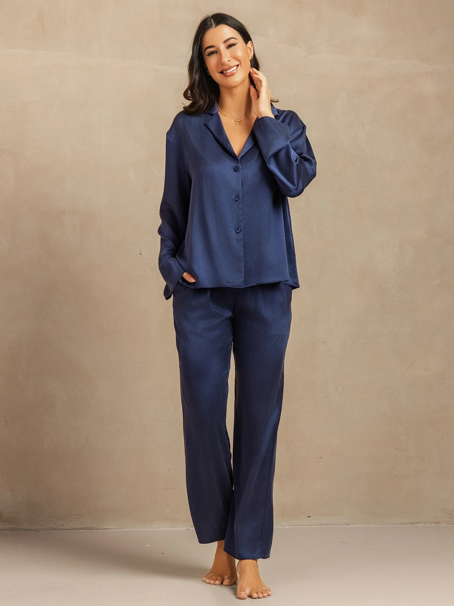 Clearance - 19Momme Washable Silk Long Sleeve Notch Collar Women's Pajamas Set - Image 11