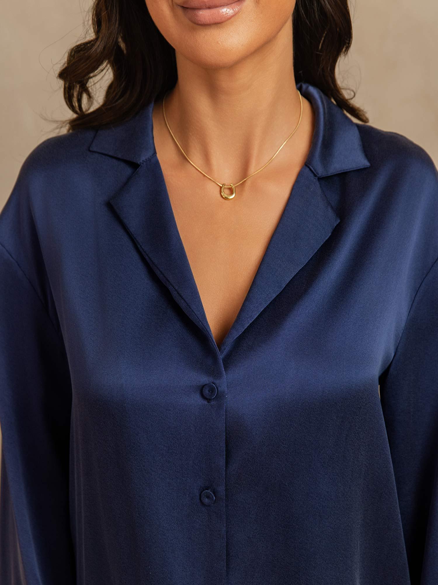 Clearance - 19Momme Washable Silk Long Sleeve Notch Collar Women's Pajamas Set - Image 12