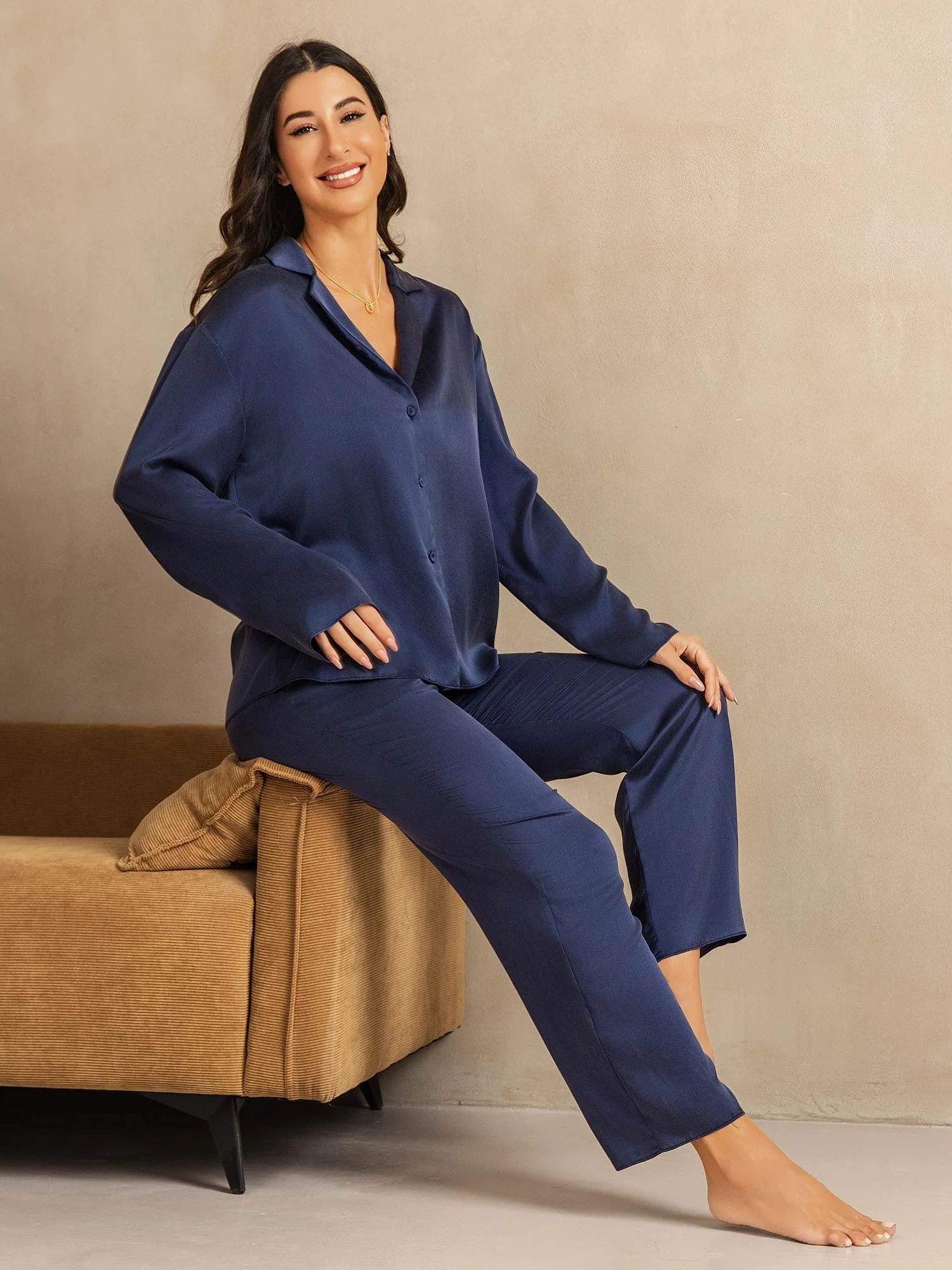 Clearance - 19Momme Washable Silk Long Sleeve Notch Collar Women's Pajamas Set - Image 16