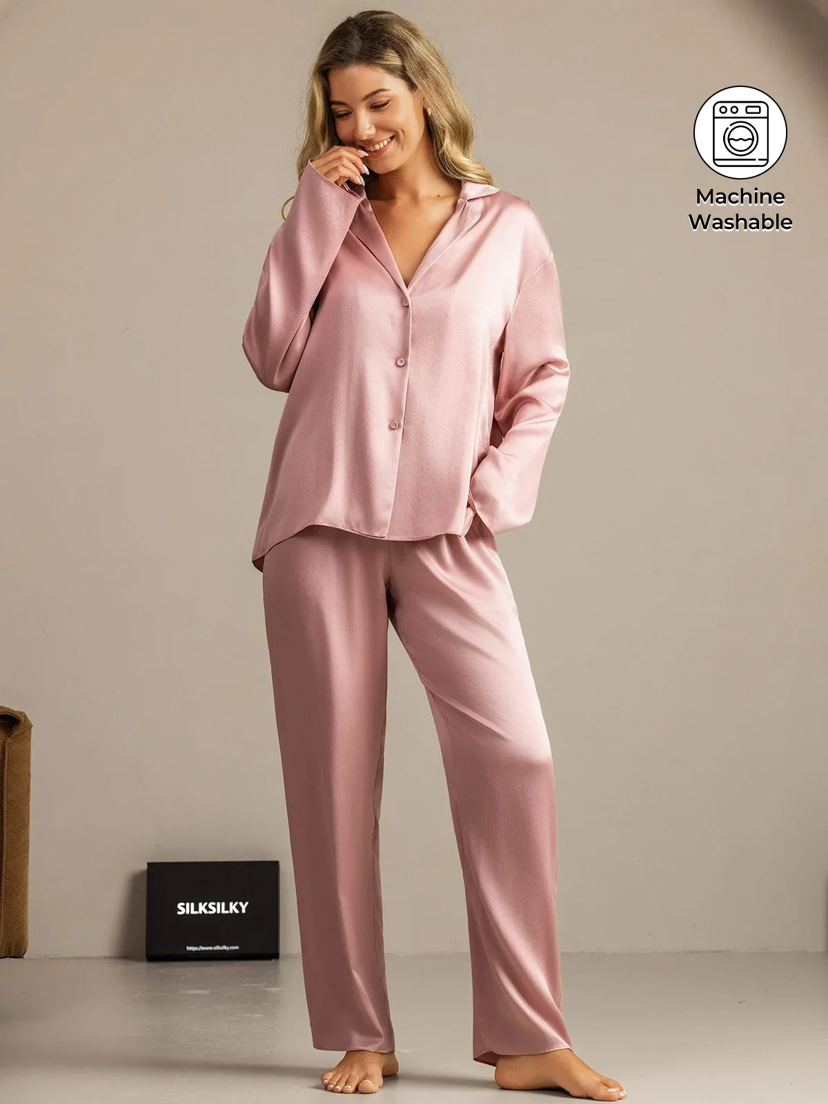 Clearance - 19Momme Washable Silk Long Sleeve Notch Collar Women's Pajamas Set - Image 17