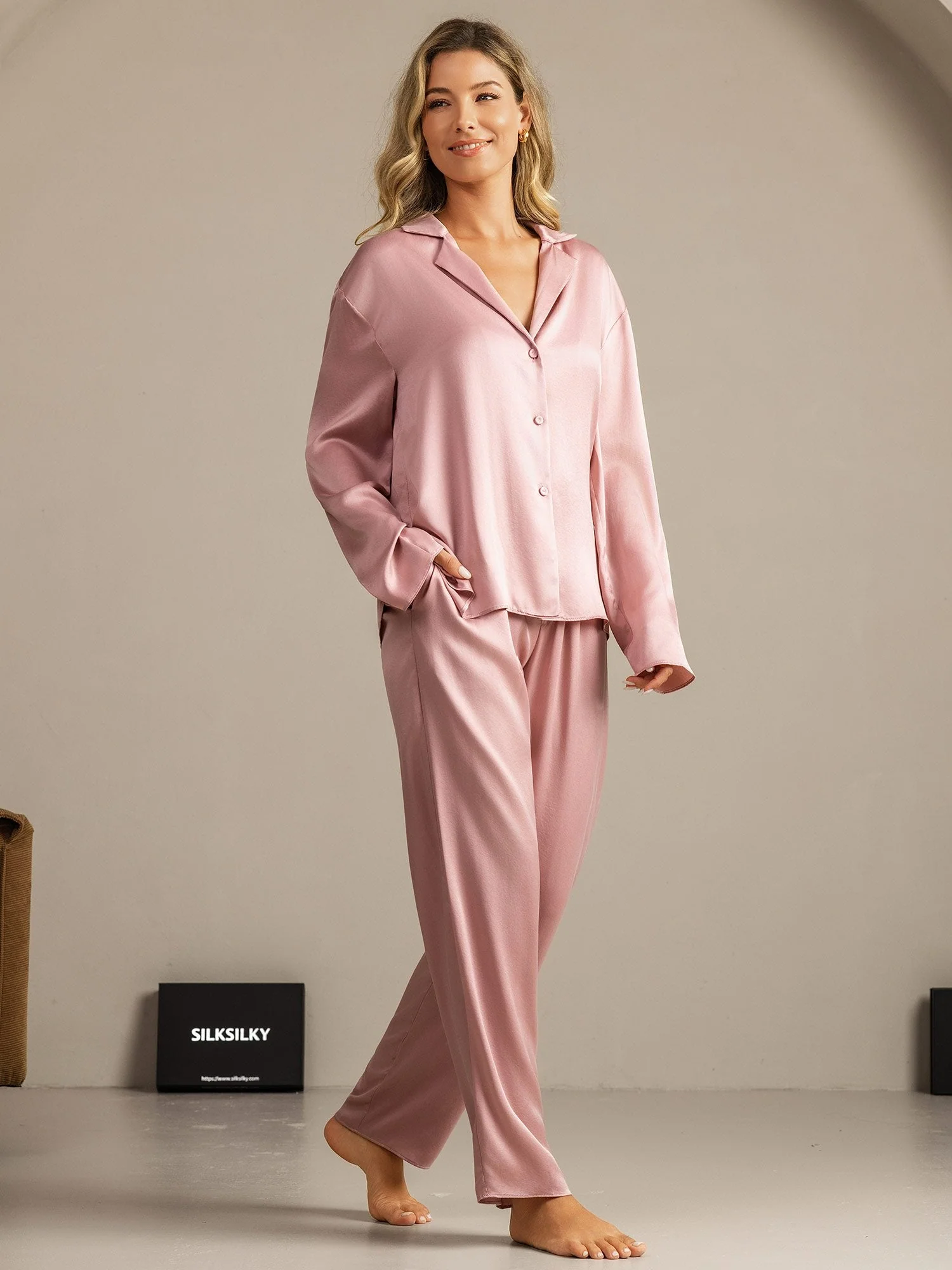 Clearance - 19Momme Washable Silk Long Sleeve Notch Collar Women's Pajamas Set - Image 22