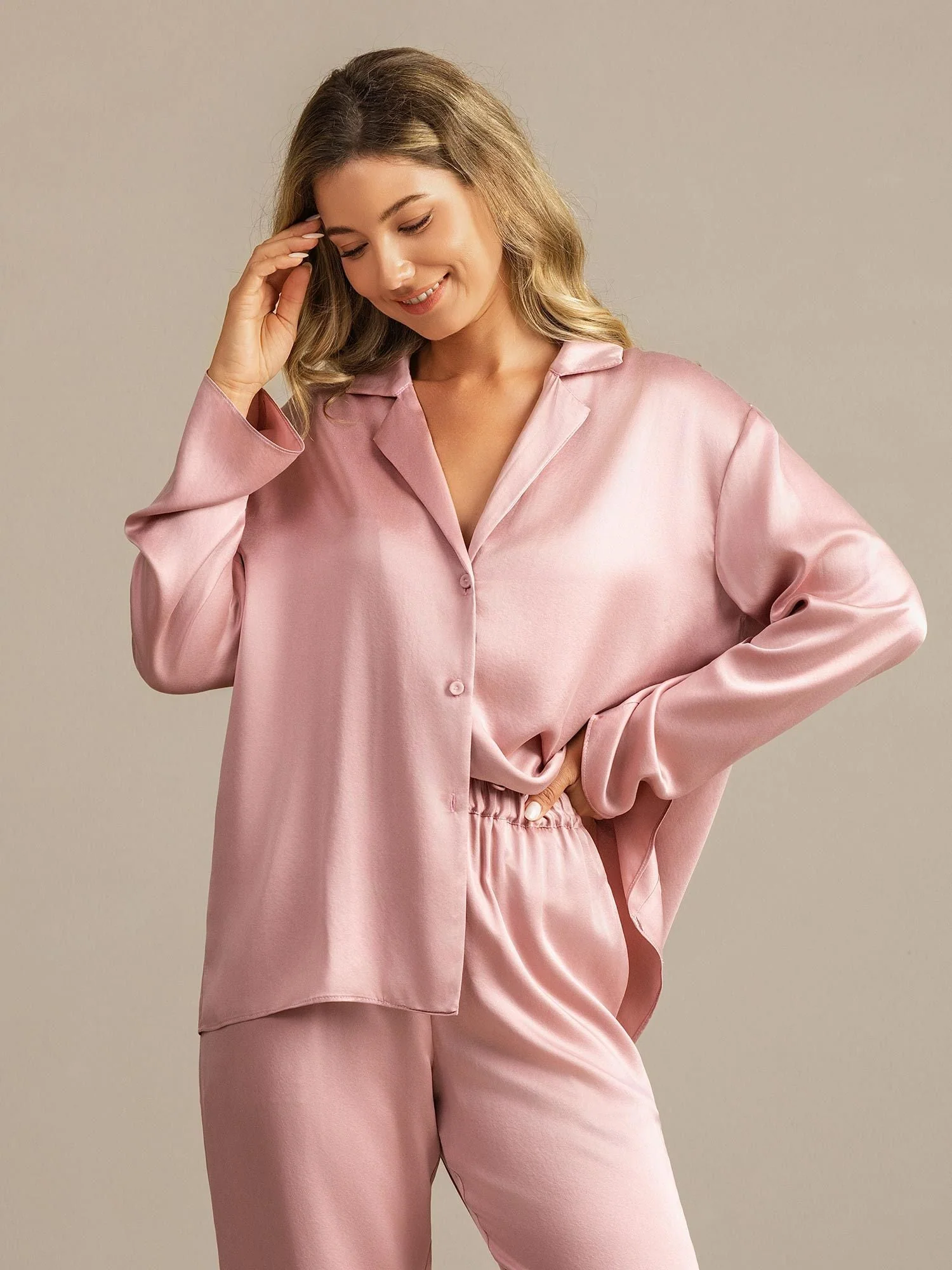 Clearance - 19Momme Washable Silk Long Sleeve Notch Collar Women's Pajamas Set - Image 23