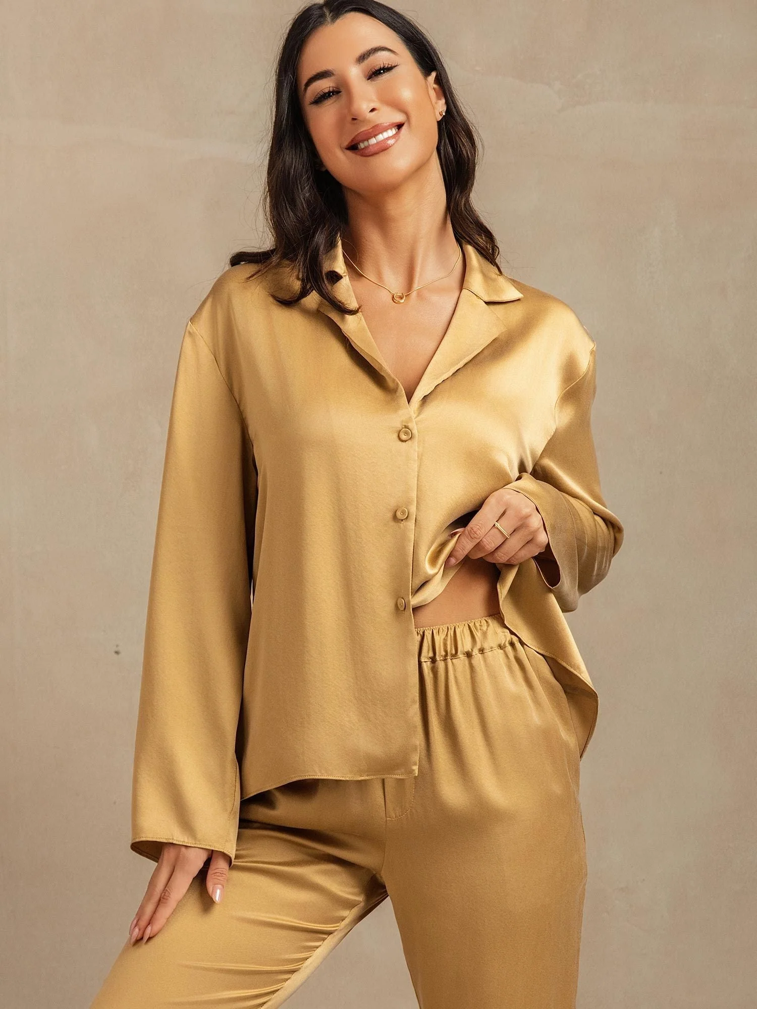 Clearance - 19Momme Washable Silk Long Sleeve Notch Collar Women's Pajamas Set - Image 31