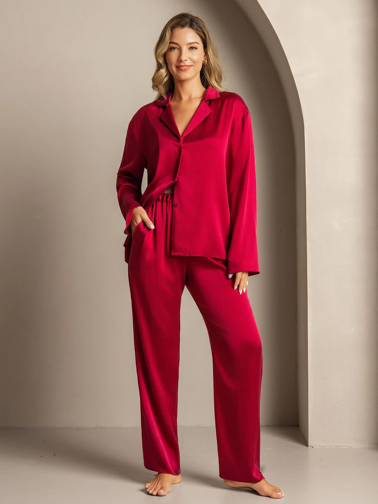 Clearance - 19Momme Washable Silk Long Sleeve Notch Collar Women's Pajamas Set - Image 34