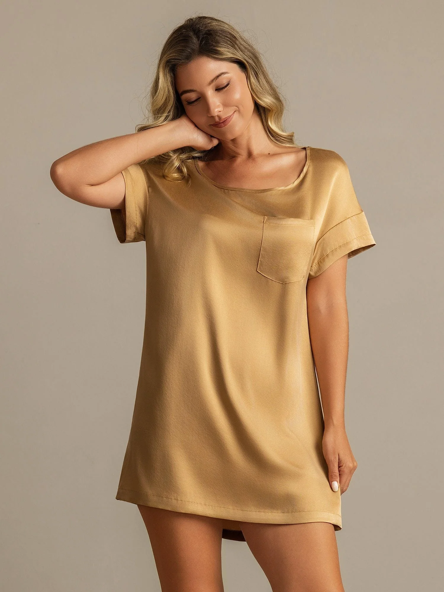 Clearance - 19Momme Washable Silk Short Sleeve Round Neck Short Nightgown - Image 6