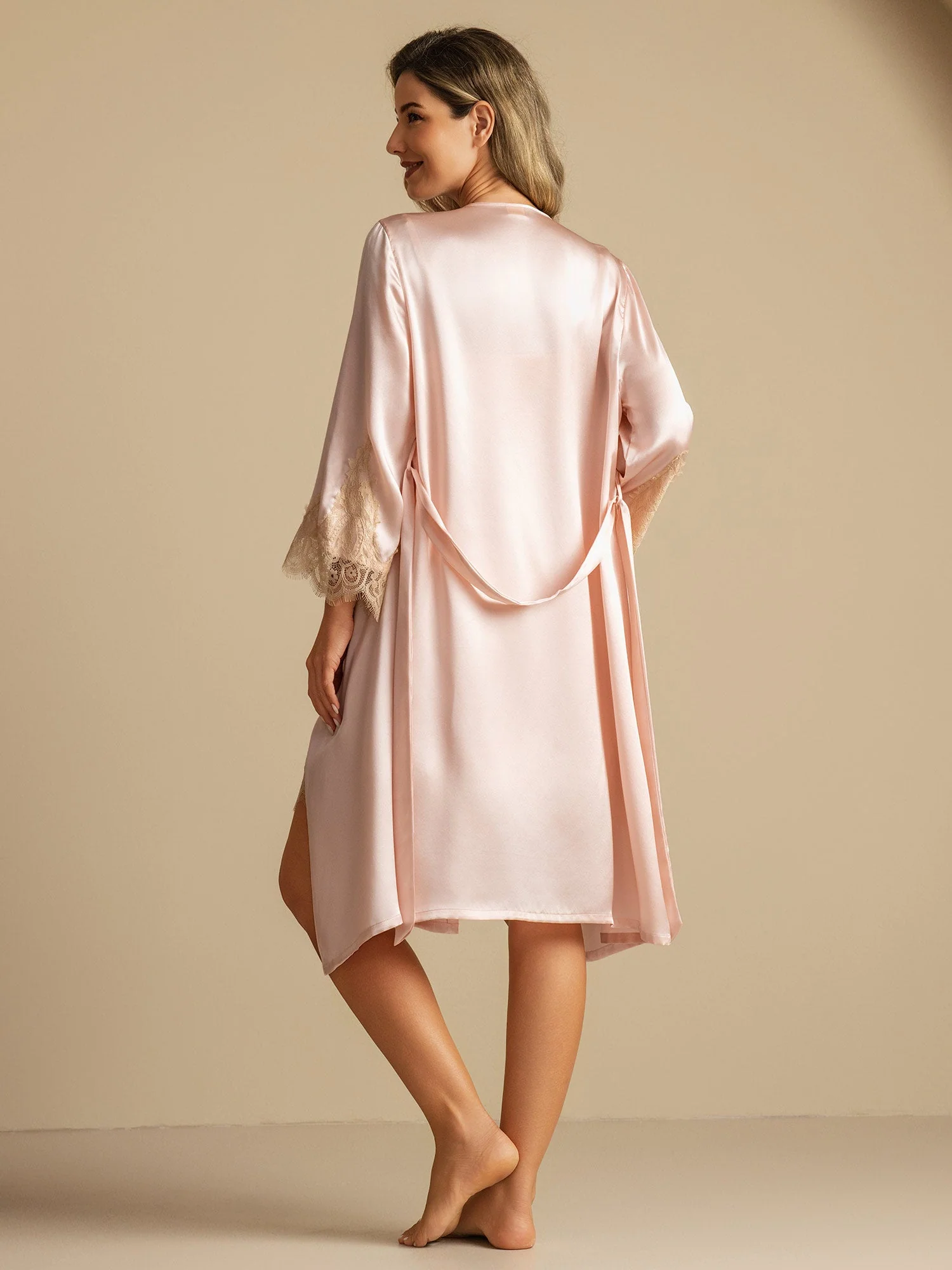 100% Mulberry Silk V Neck Short Nightgown&Robe Set with Lace Design - Image 12