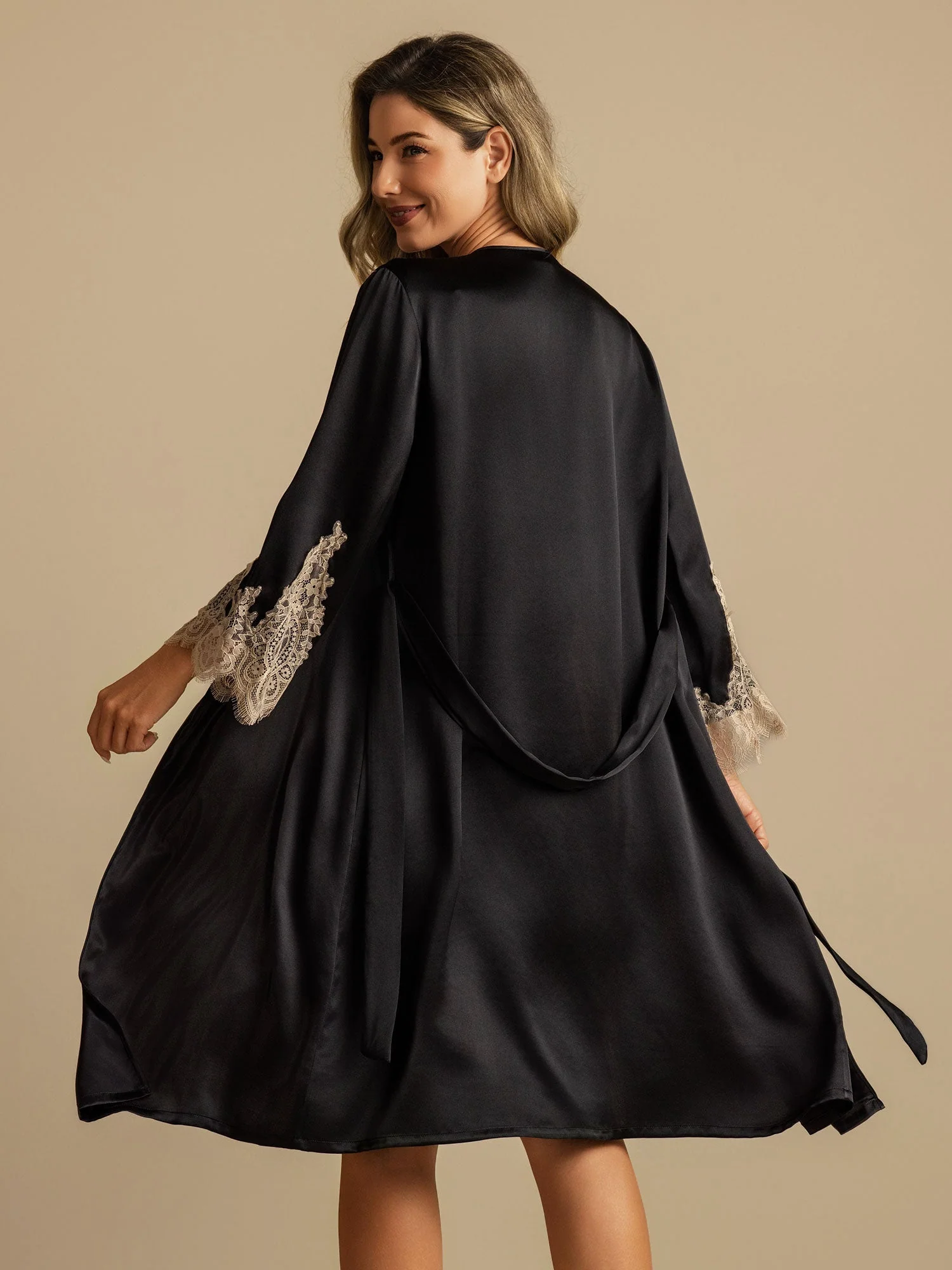 Clearance - 100% Mulberry Silk V Neck Short Nightgown&Robe Set with Lace Design - Image 2