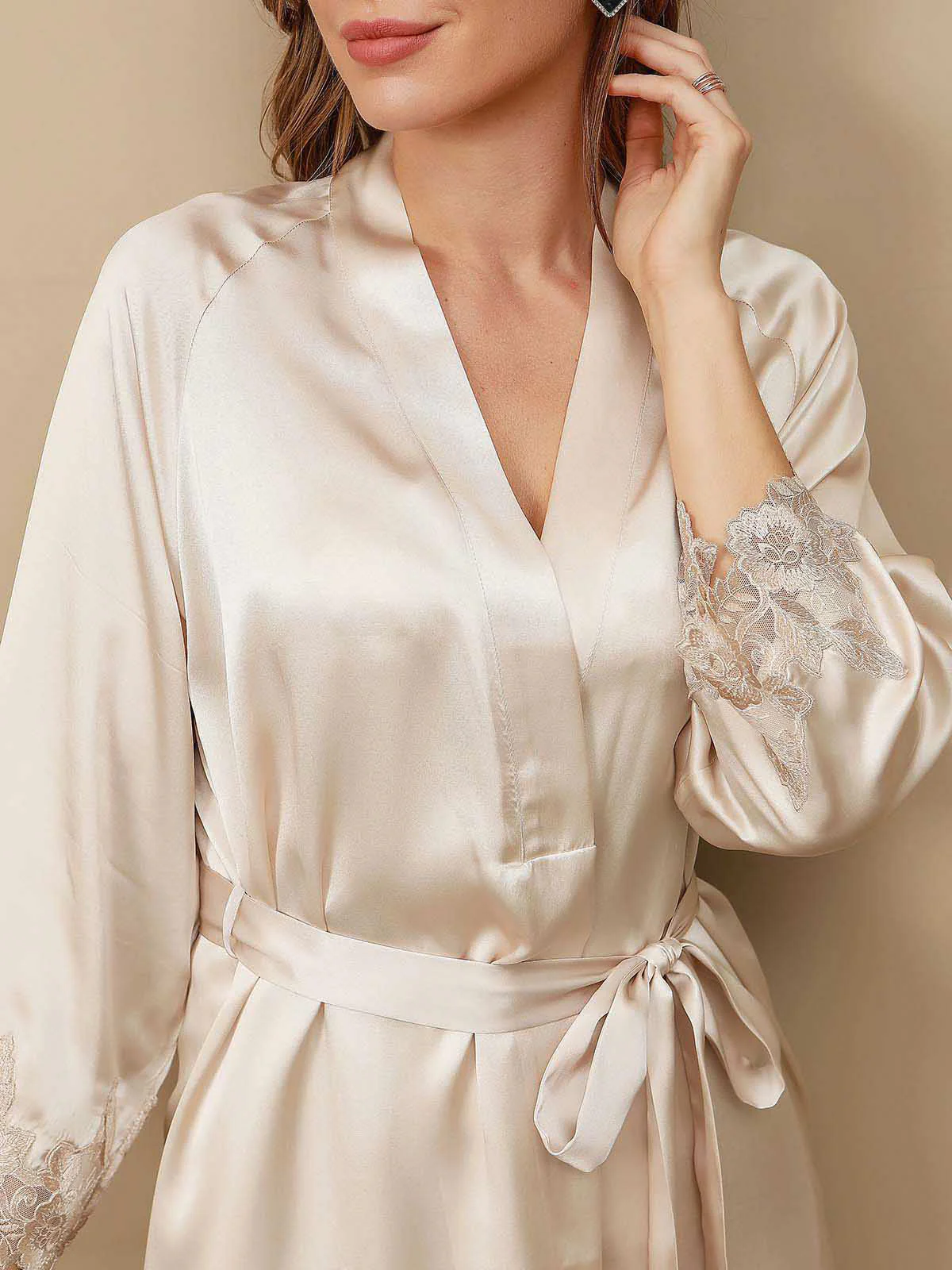 100% Mulberry Silk Spaghetti Strap Lace Nightgown & Robe Set - Image 9