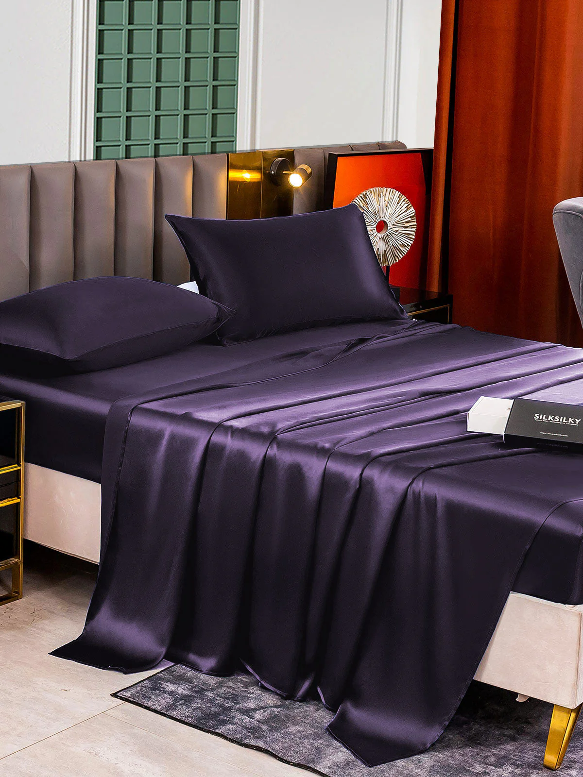 25Momme Silk 4Pcs Set Fitted&Flat Sheets+2x Pillowcases - Image 49