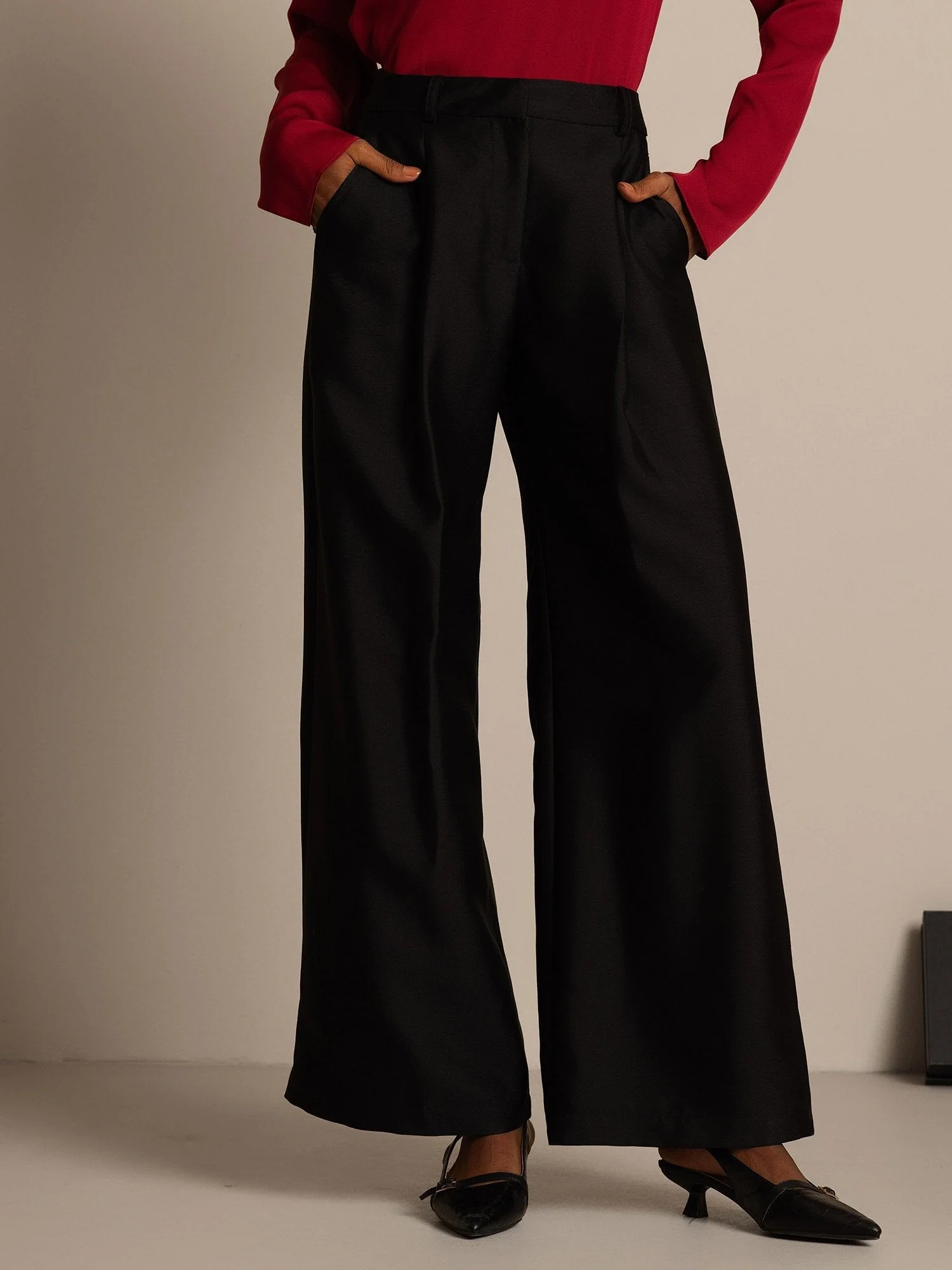 Clearance - 32Momme Silk-Wool Blend High Waist Wide Leg Women's Pants with Side Pockets Design - Image 18
