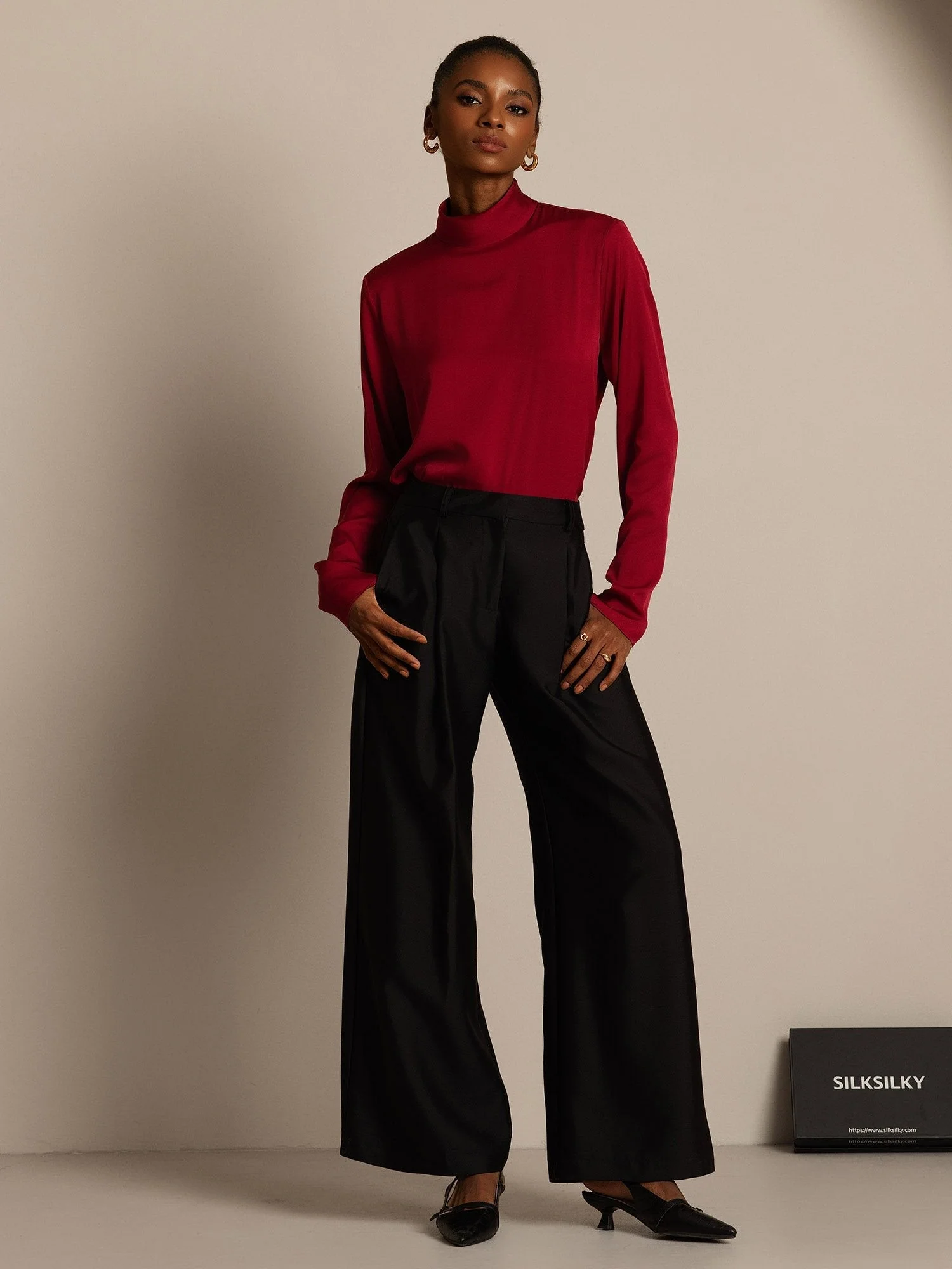Clearance - 32Momme Silk-Wool Blend High Waist Wide Leg Women's Pants with Side Pockets Design - Image 20