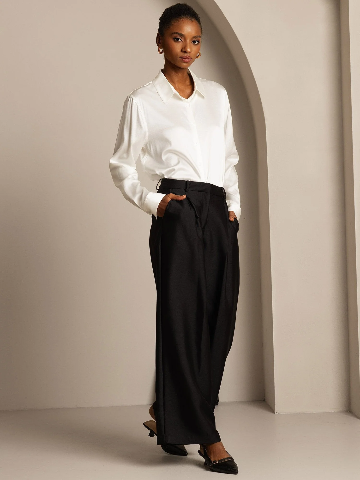 Clearance - 32Momme Silk-Wool Blend High Waist Wide Leg Women's Pants with Side Pockets Design - Image 21