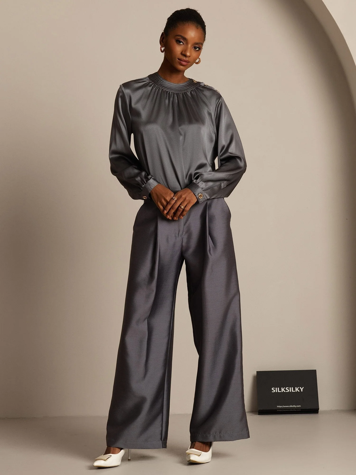 Clearance - 32Momme Silk-Wool Blend High Waist Wide Leg Women's Pants with Side Pockets Design - Image 6