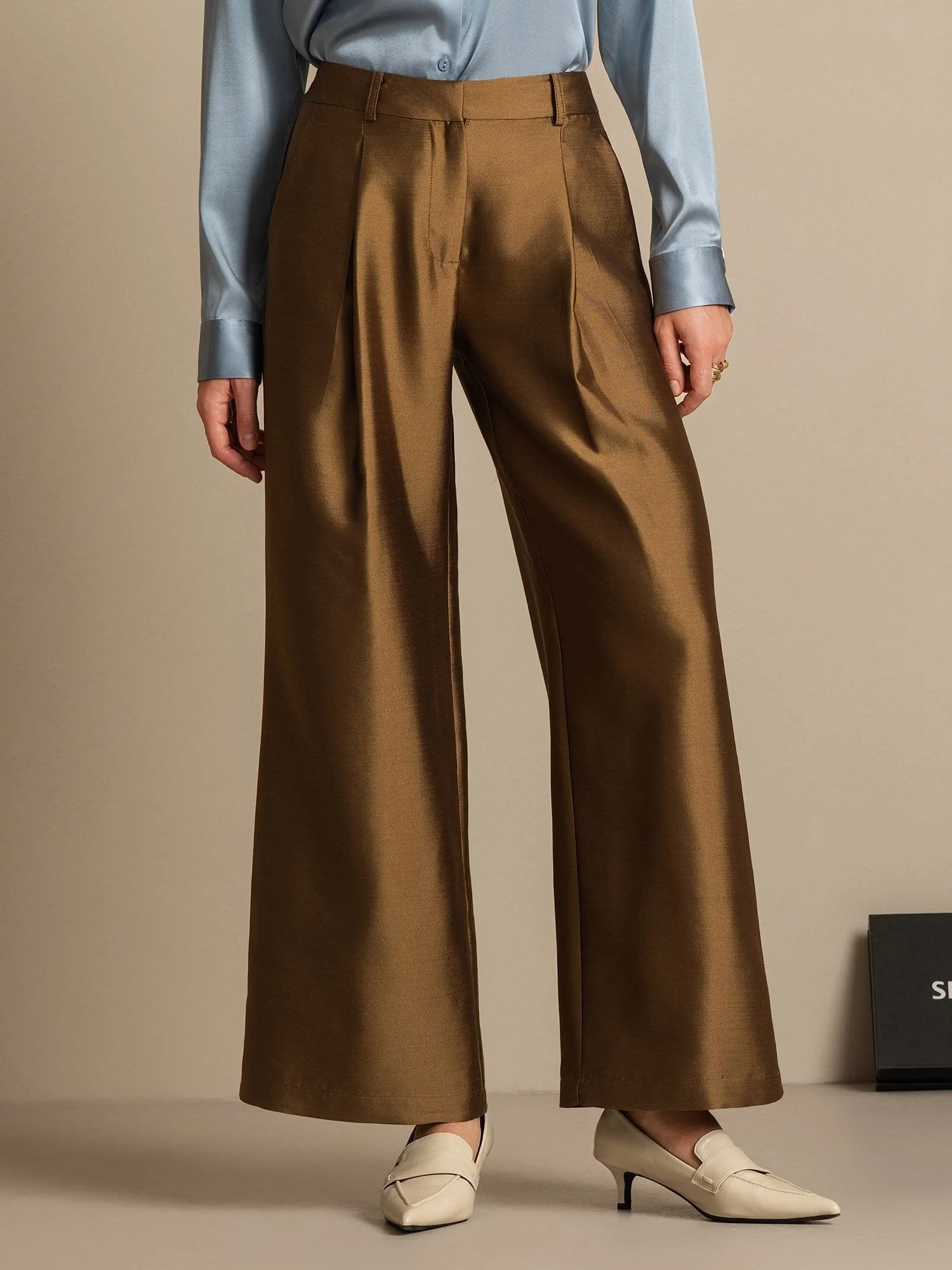 Clearance - 32Momme Silk-Wool Blend High Waist Wide Leg Women's Pants with Side Pockets Design - Image 8
