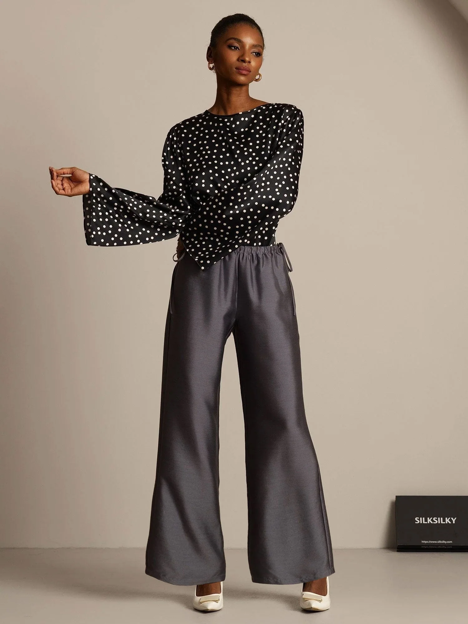 Clearance - 32Momme Silk-Wool Blend Straight Fit Women's Pants with Drawstring Side Pockets Design - Image 13