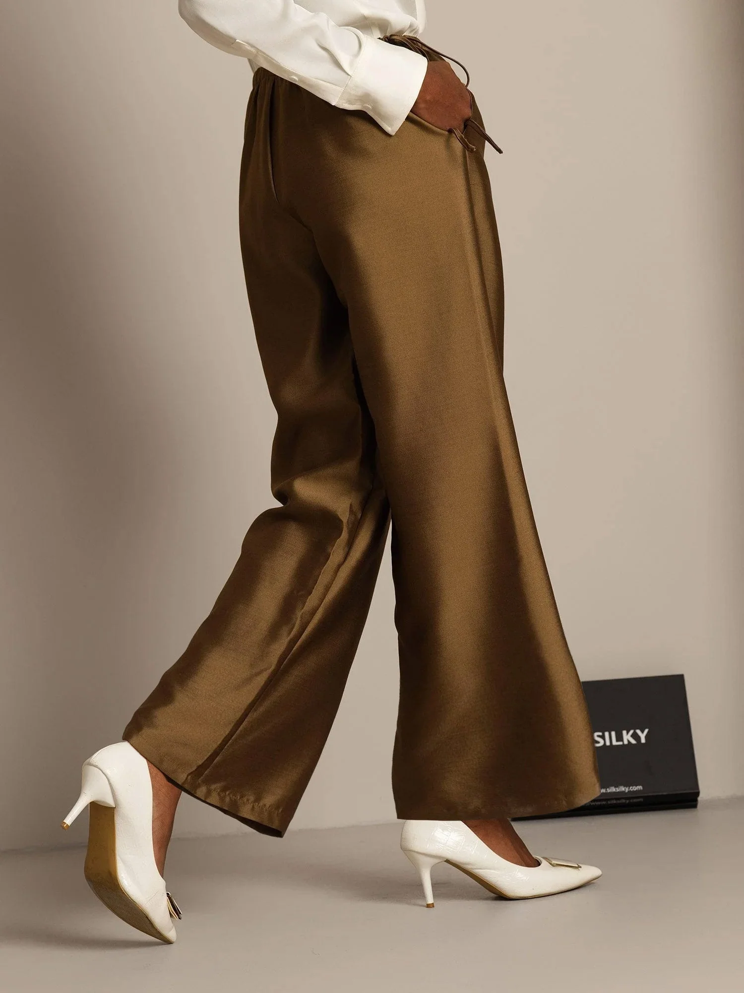 Clearance - 32Momme Silk-Wool Blend Straight Fit Women's Pants with Drawstring Side Pockets Design - Image 17