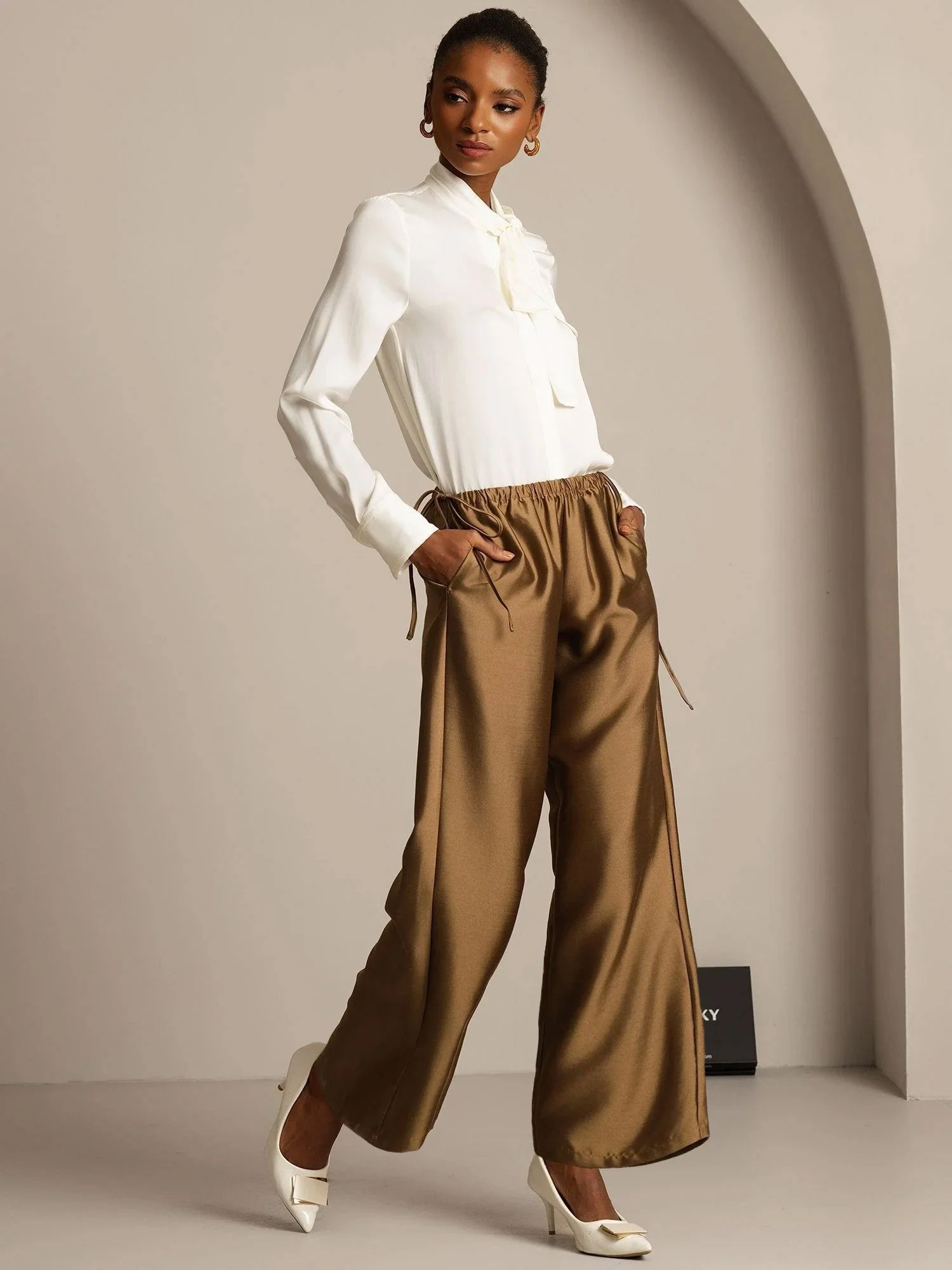Clearance - 32Momme Silk-Wool Blend Straight Fit Women's Pants with Drawstring Side Pockets Design - Image 19
